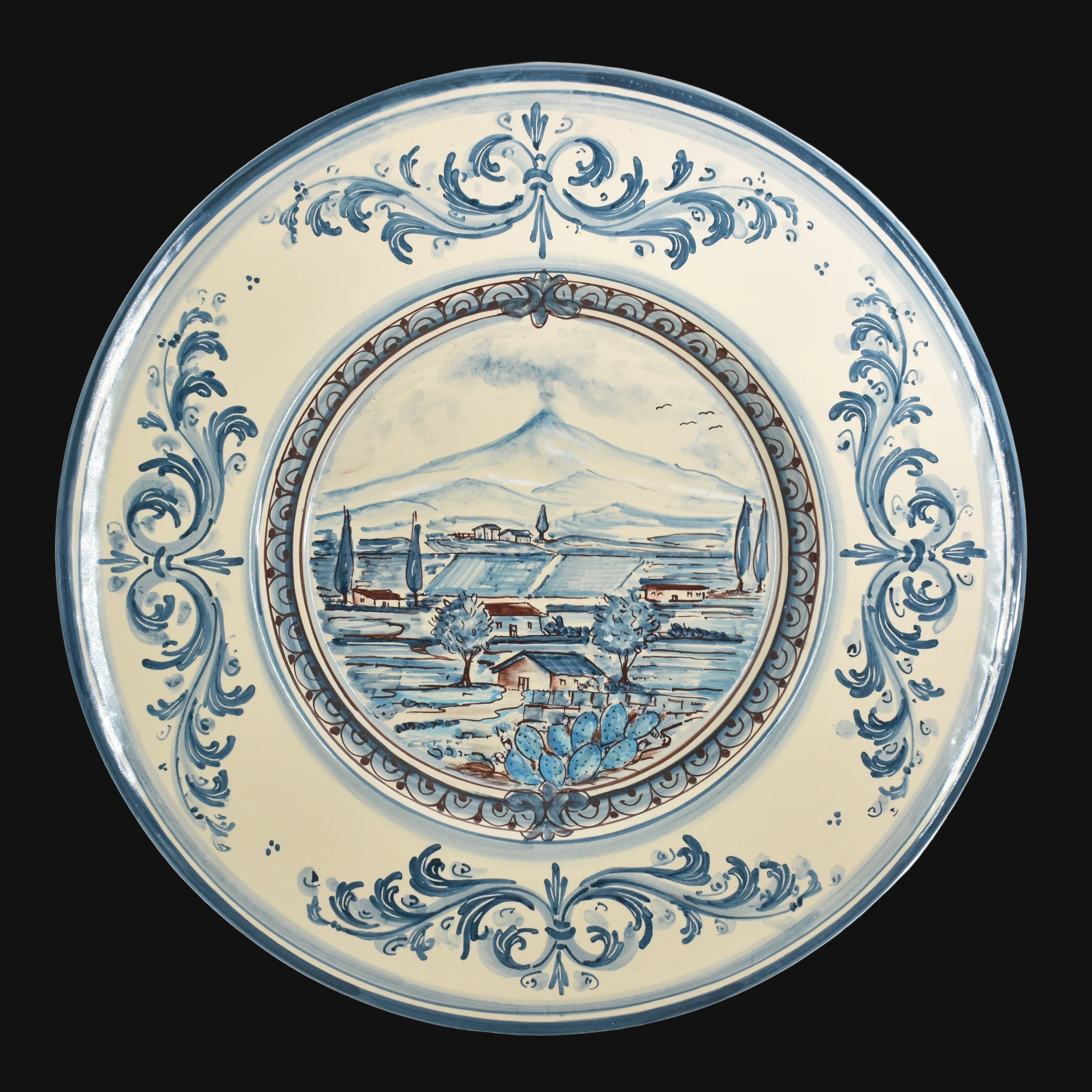 Caltagirone Ceramic Plate Cappello Prete — Etna Landscape, Mono Blue | Italian ceramic from Caltagirone, Sicily
