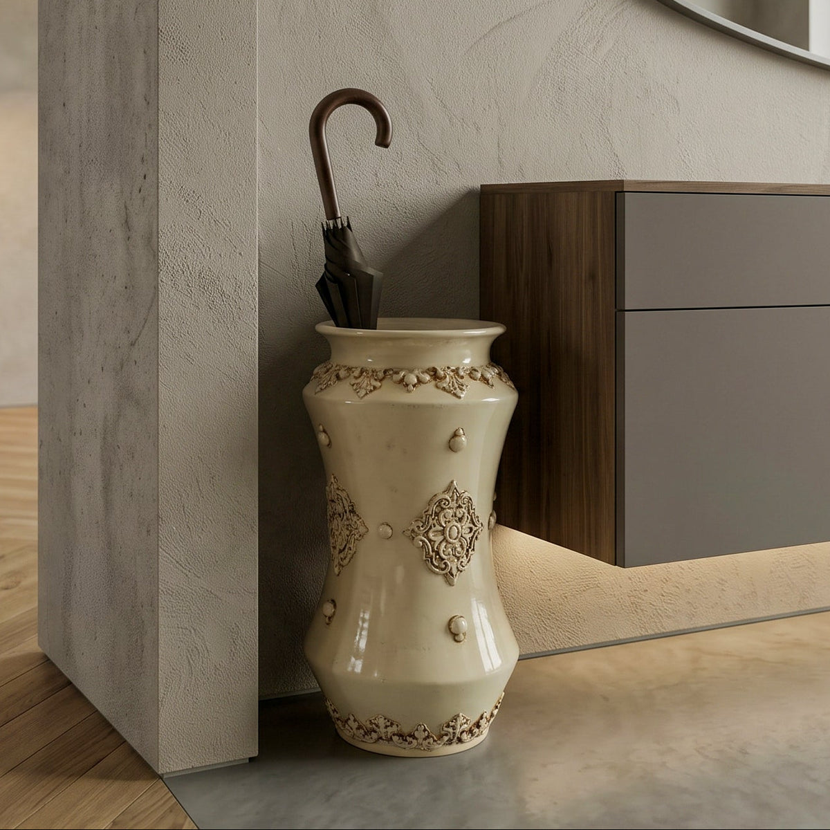 Albarello Umbrella Stand H 50 cm / 19¾", Plastico Sofia, Ivory – Caltagirone Ceramic – Sicilian artisan tradition
