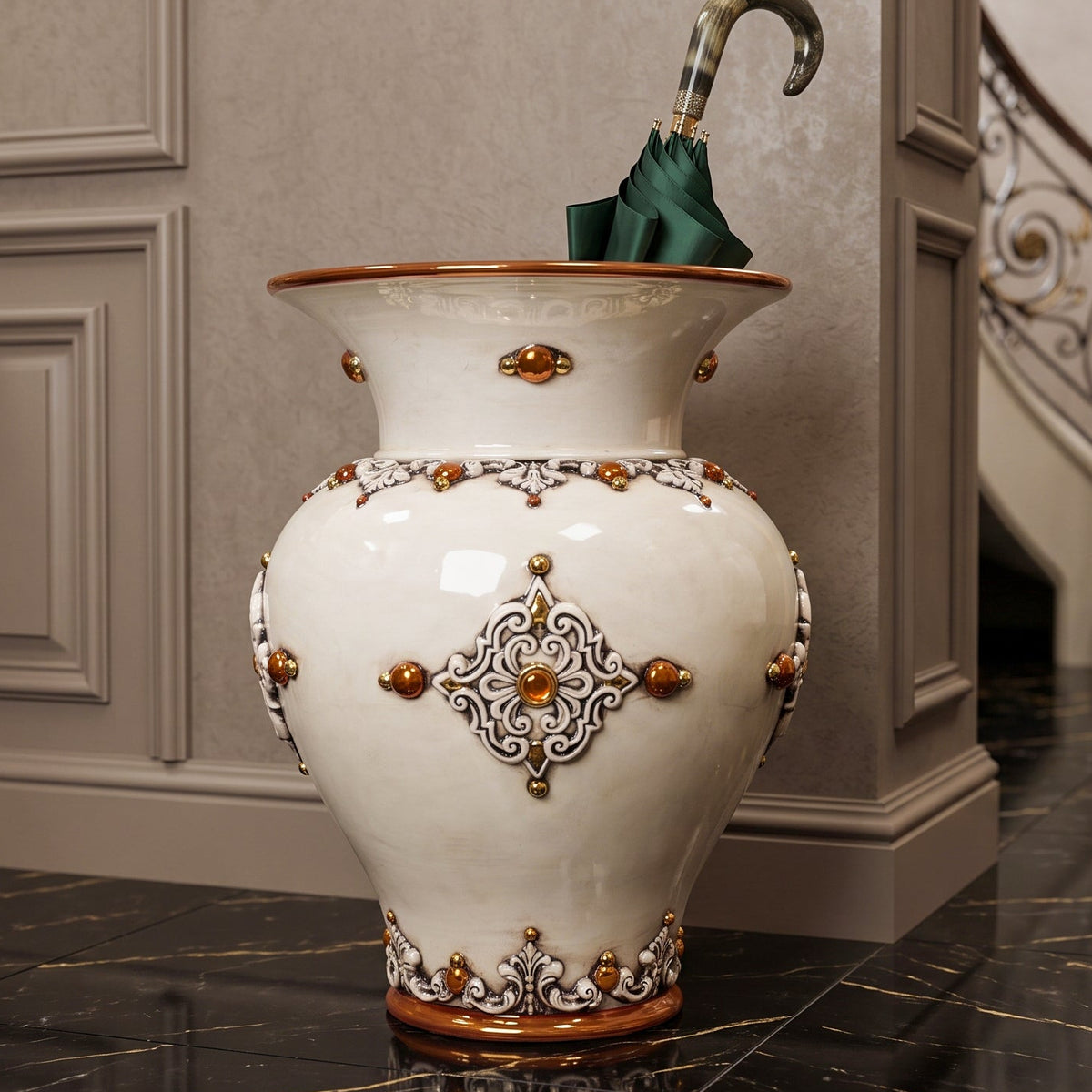Round-Bellied Umbrella Stand H 50 cm / 19¾", Antique Mother of Pearl, Gold and Lustre – Caltagirone Ceramic – Sicilian artisan tradition