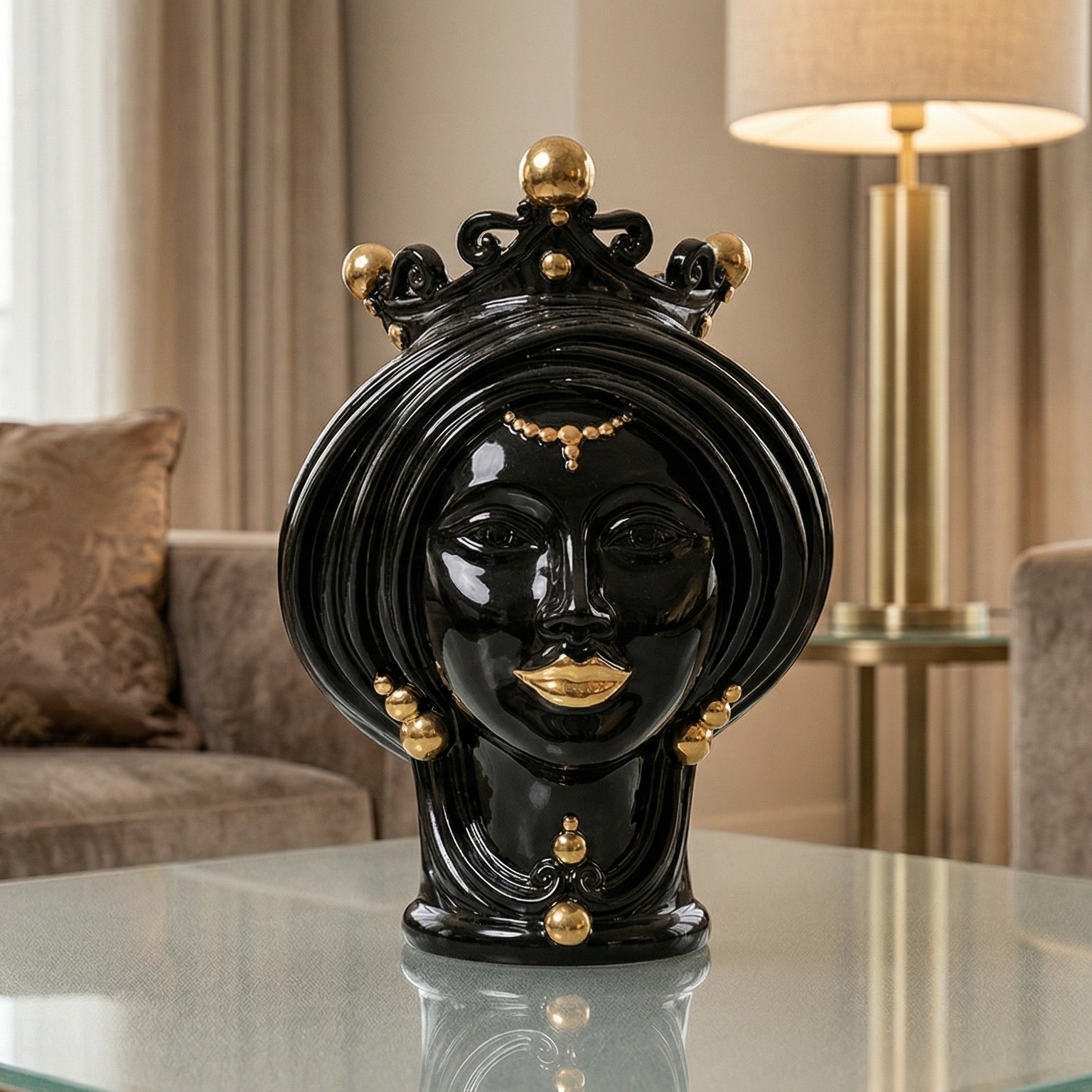Caltagirone Moor's Head Vase h 30 cm — Female, Black and Gold | Ceramica Caltagirone