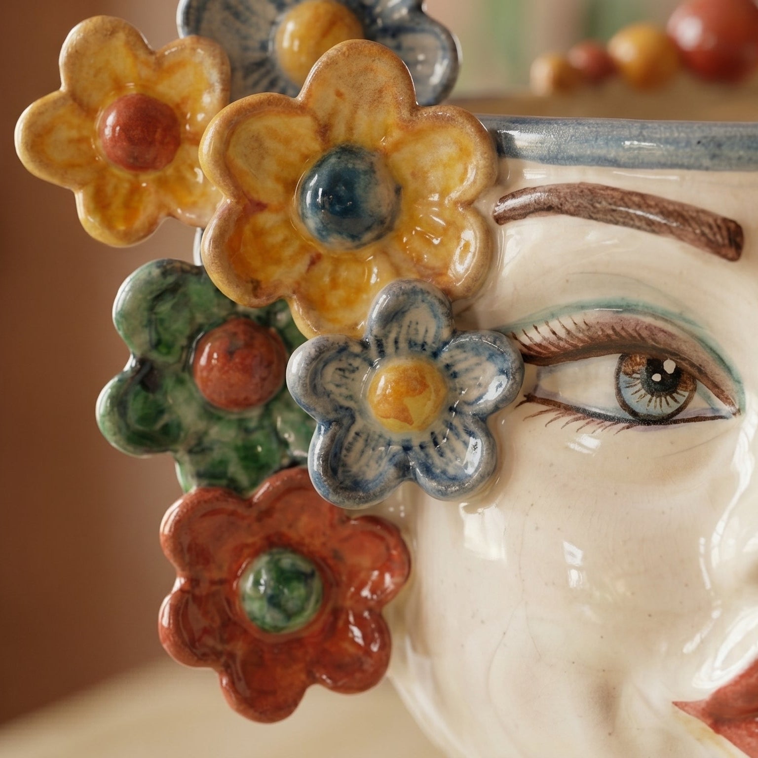 Moor's Head Vase with Flowers H 20 cm / 7.9", Woman, Decoro Sicily – Testa di Moro from Caltagirone, Sicily