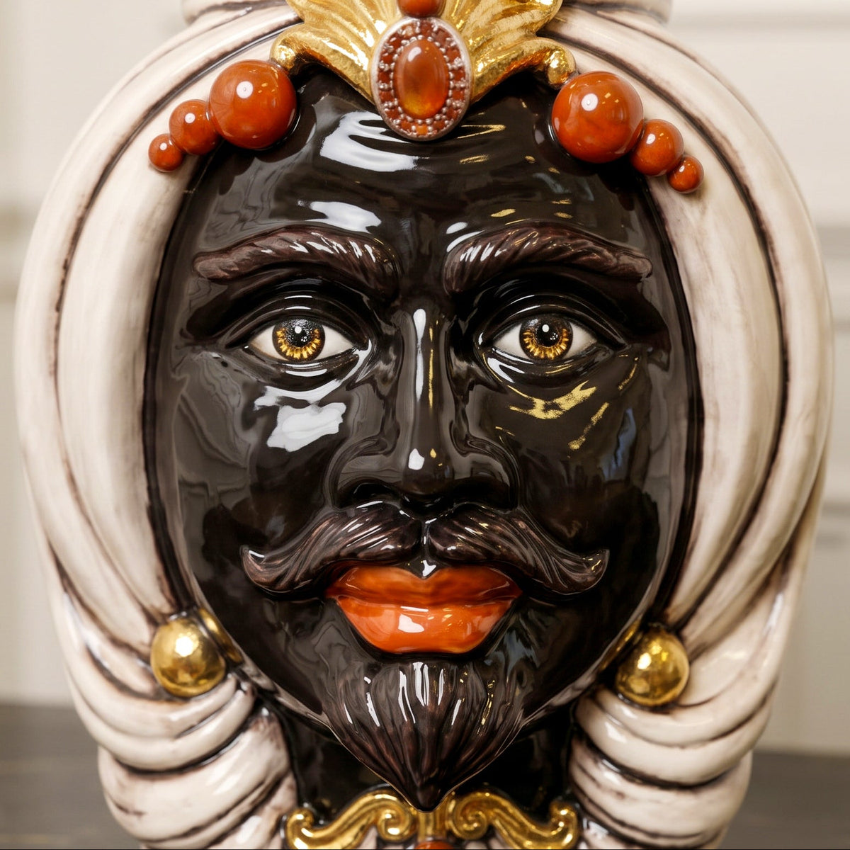 Sicilian Moor's Head H 38 cm / 15", Moro Male, Antique Mother of Pearl, Gold and Lustres – Testa di Moro from Caltagirone, Sicily