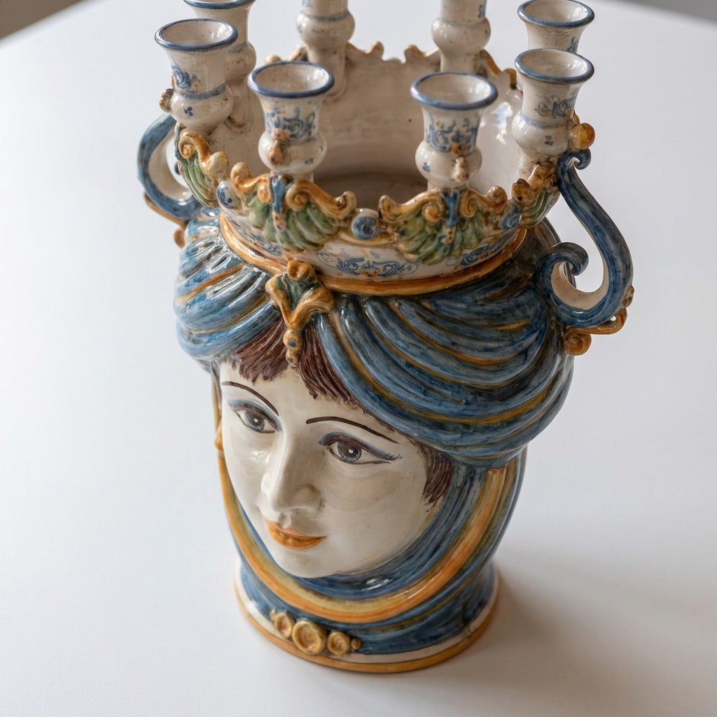Sicilian Head Vase Candle Holder H 40 cm / 15.7", Woman, Blue and Orange – Testa di Moro from Caltagirone, Sicily