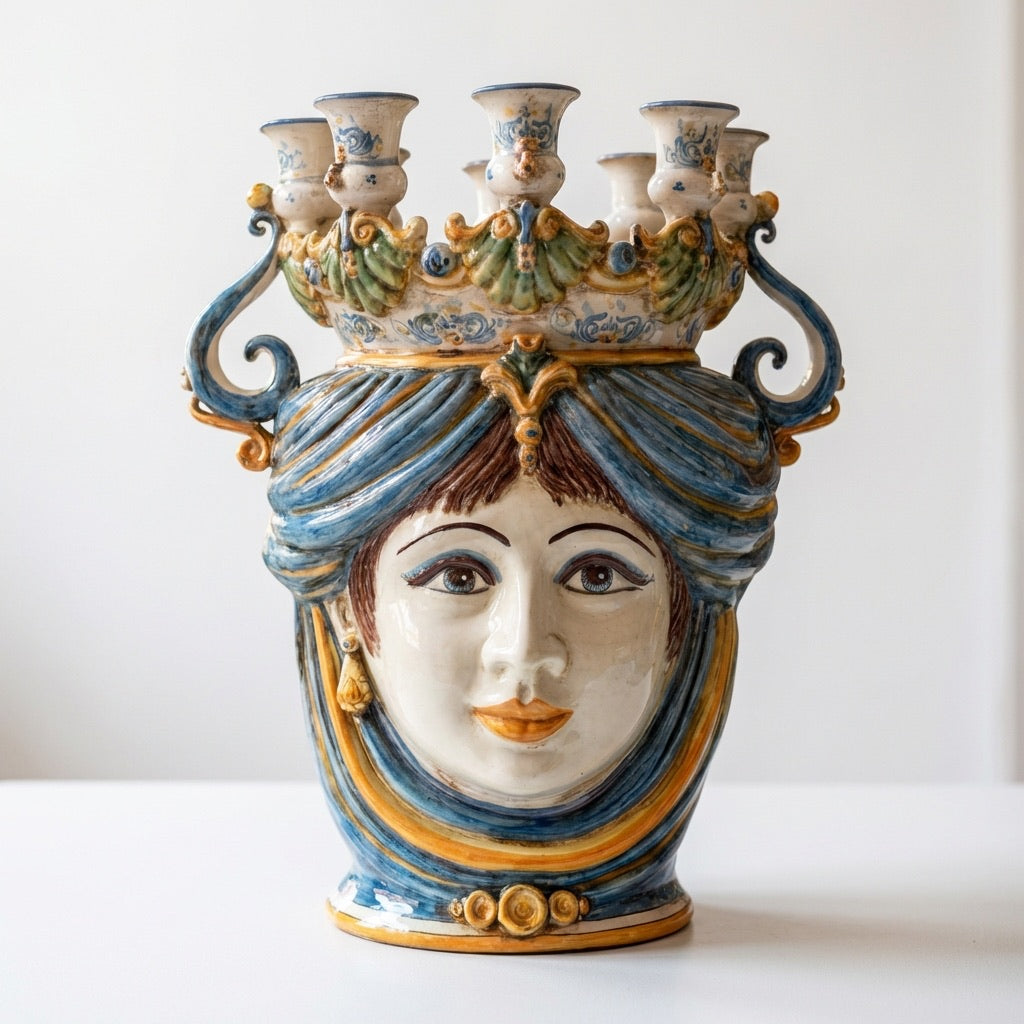 Sicilian Head Vase Candle Holder H 40 cm / 15.7", Woman, Blue and Orange – Testa di Moro from Caltagirone, Sicily
