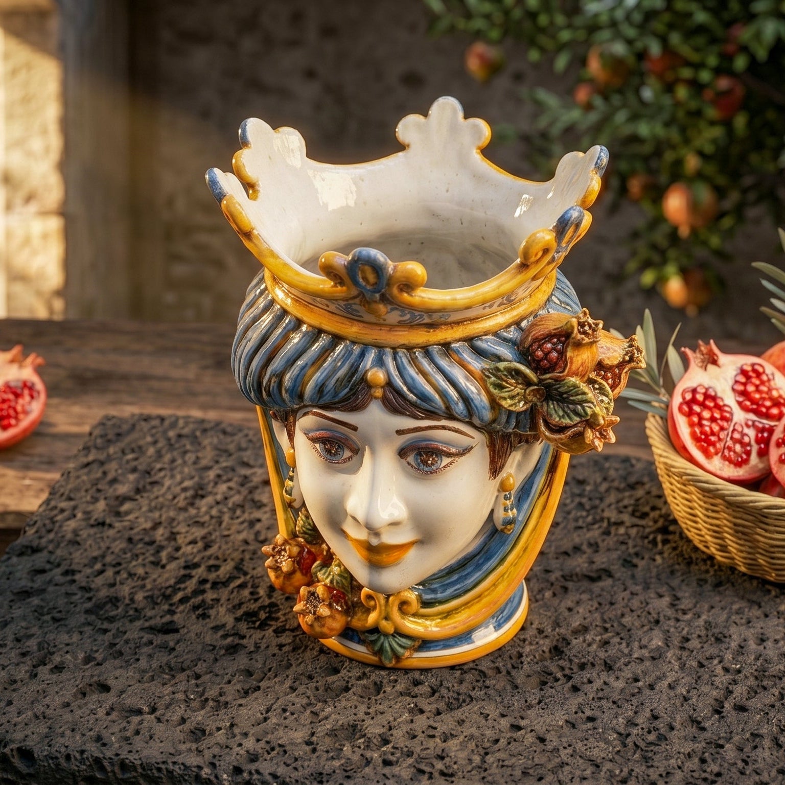 Sicilian Head Vase with Pomegranates H 25 cm / 9.8", Woman, Blue and Orange – Testa di Moro from Caltagirone, Sicily