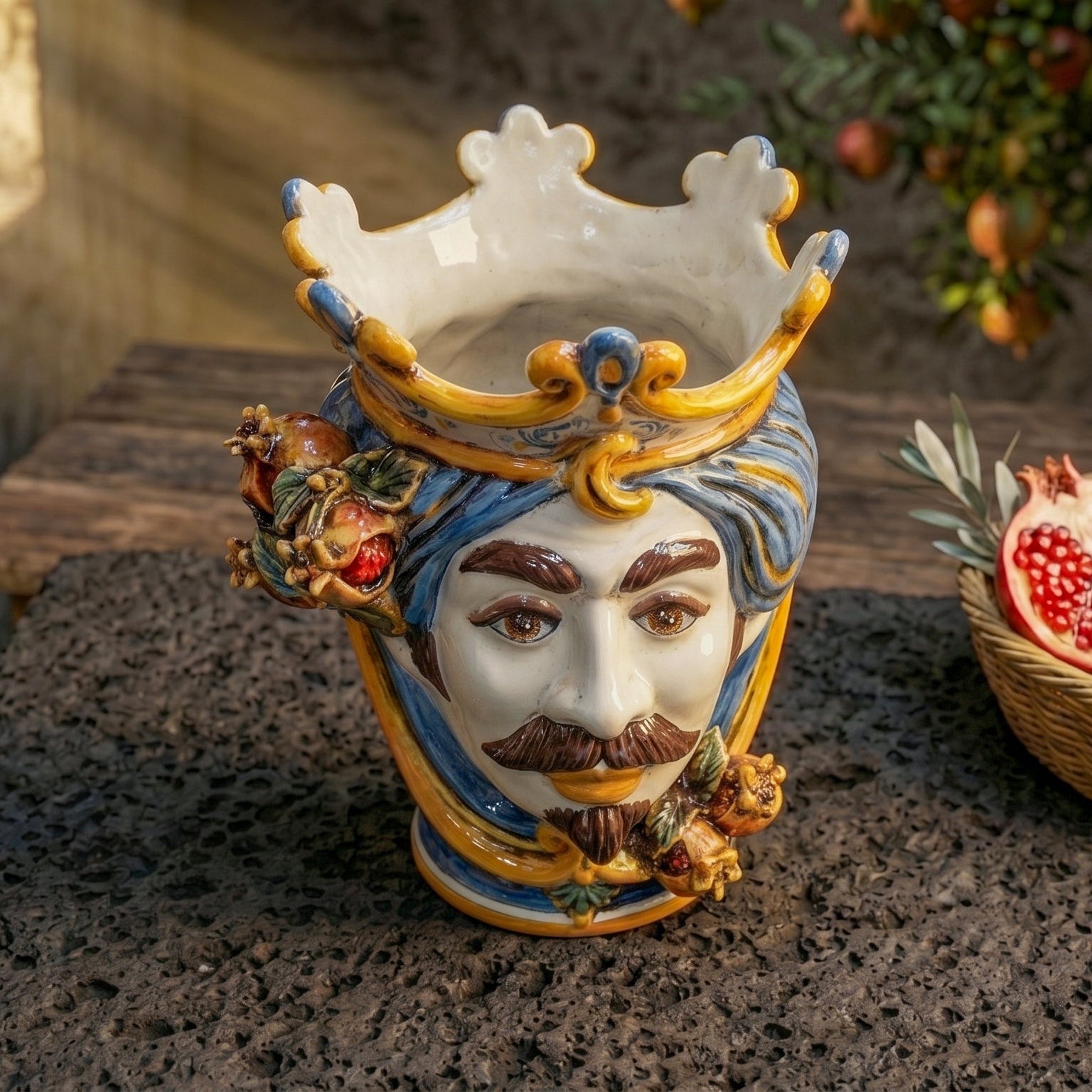 Sicilian Head Vase with Pomegranates H 25 cm / 9.8", White Man, Blue and Orange – Testa di Moro from Caltagirone, Sicily