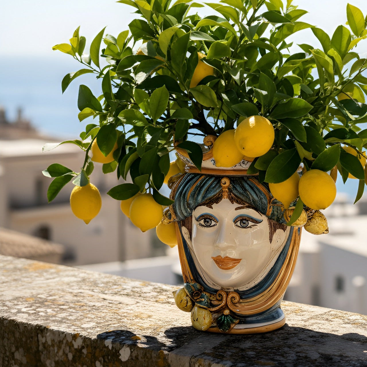 Ceramic Head with lemons h 25 blu/orange female