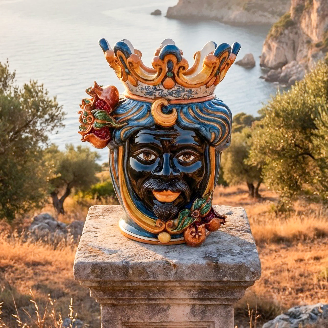 Ceramic Head with pomegranate h 40 blu/orange male