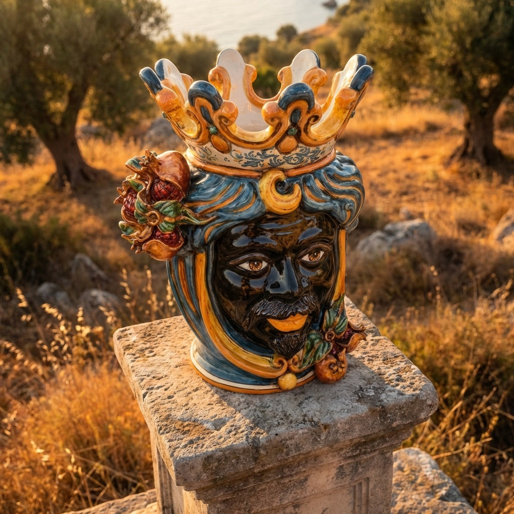 Ceramic Head with pomegranate h 40 blu/orange male