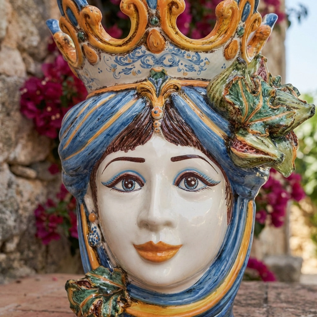 Ceramic Head with figs h 40 blu/orange female