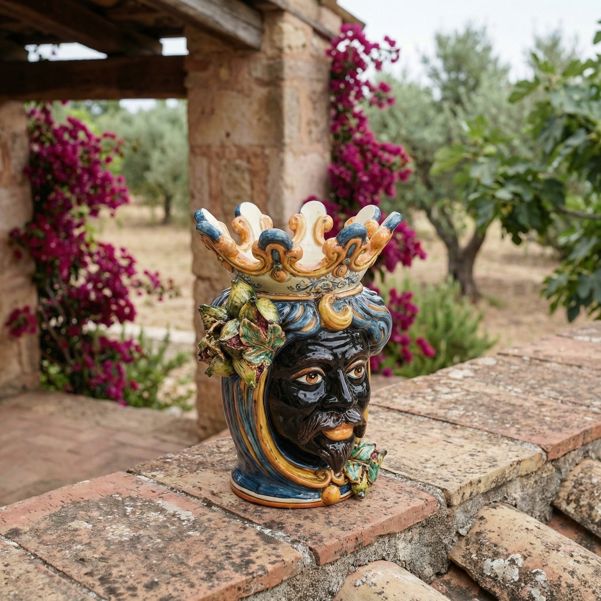 Ceramic Head with figs h 40 blu/orange male