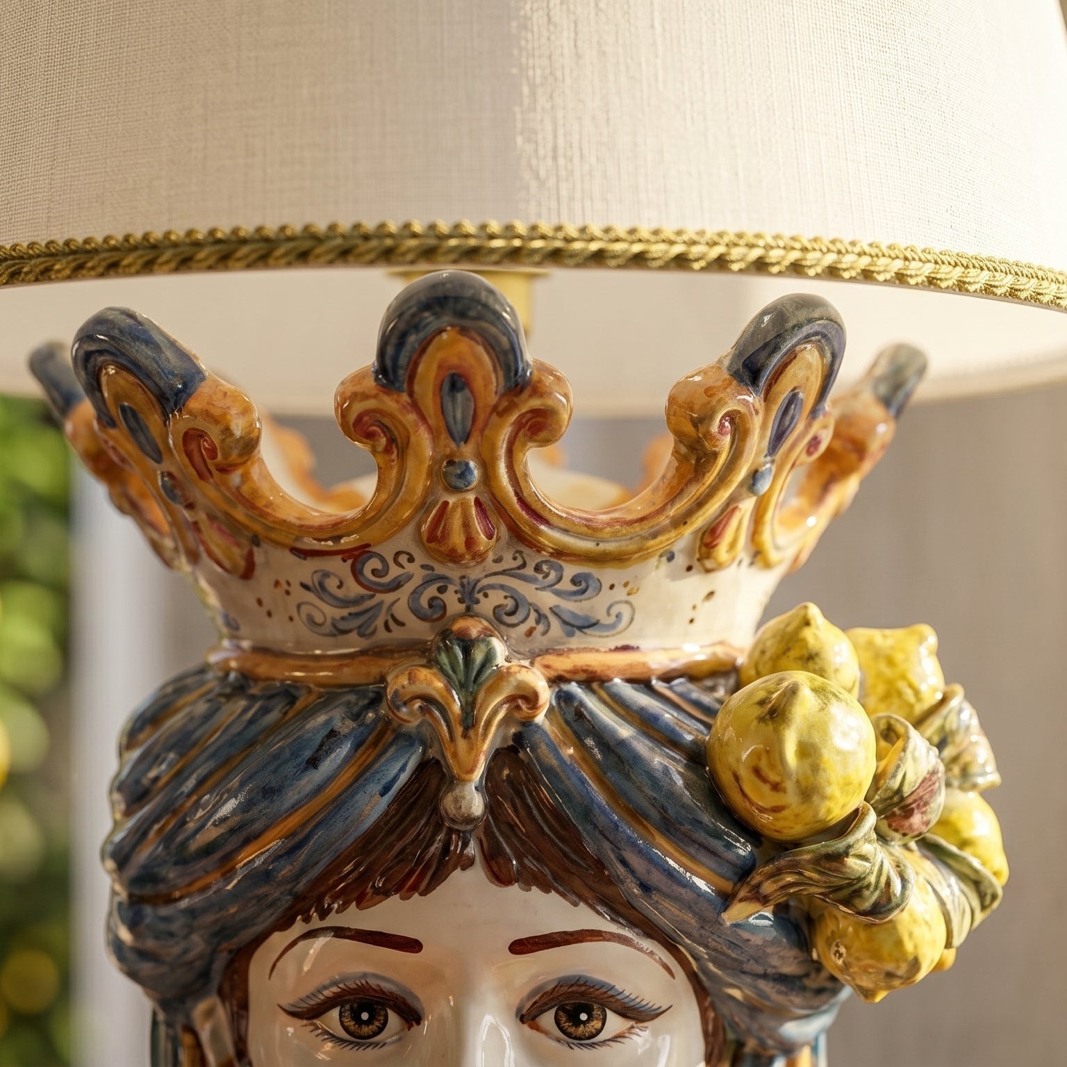 Italian Ceramic Lamp H 70 cm / 27.6", Woman, Blue and Orange – Sicilian ceramic lamp handcrafted in Caltagirone