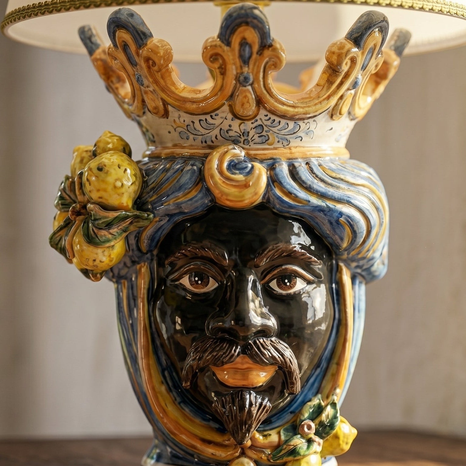 Italian Ceramic Lamp H 70 cm / 27.6", Moro Man, Blue and Orange – Italian ceramic from Caltagirone, Sicily