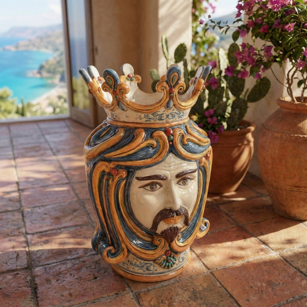 Moor's Head Vase H 60 cm / 23.6", White Man, Blue and Orange – Testa di Moro from Caltagirone, Sicily