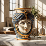 Testa di Moro con Corona, Donna, Blu e Arancio, volto. Ceramica siciliana di Caltagirone, Sofia