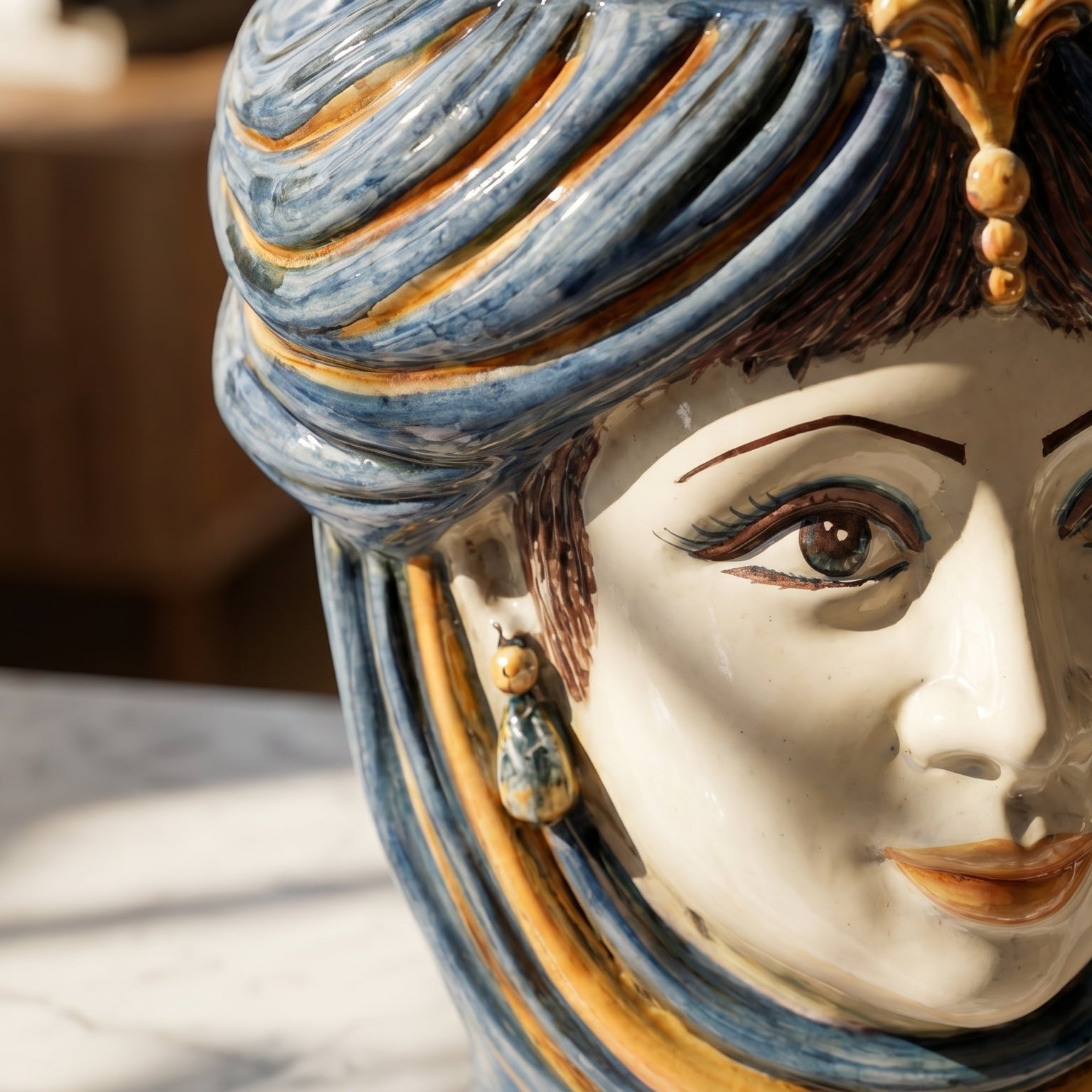 Sicilian Moor's Head H 33 cm / 13", Woman, Blue and Orange – Testa di Moro from Caltagirone, Sicily