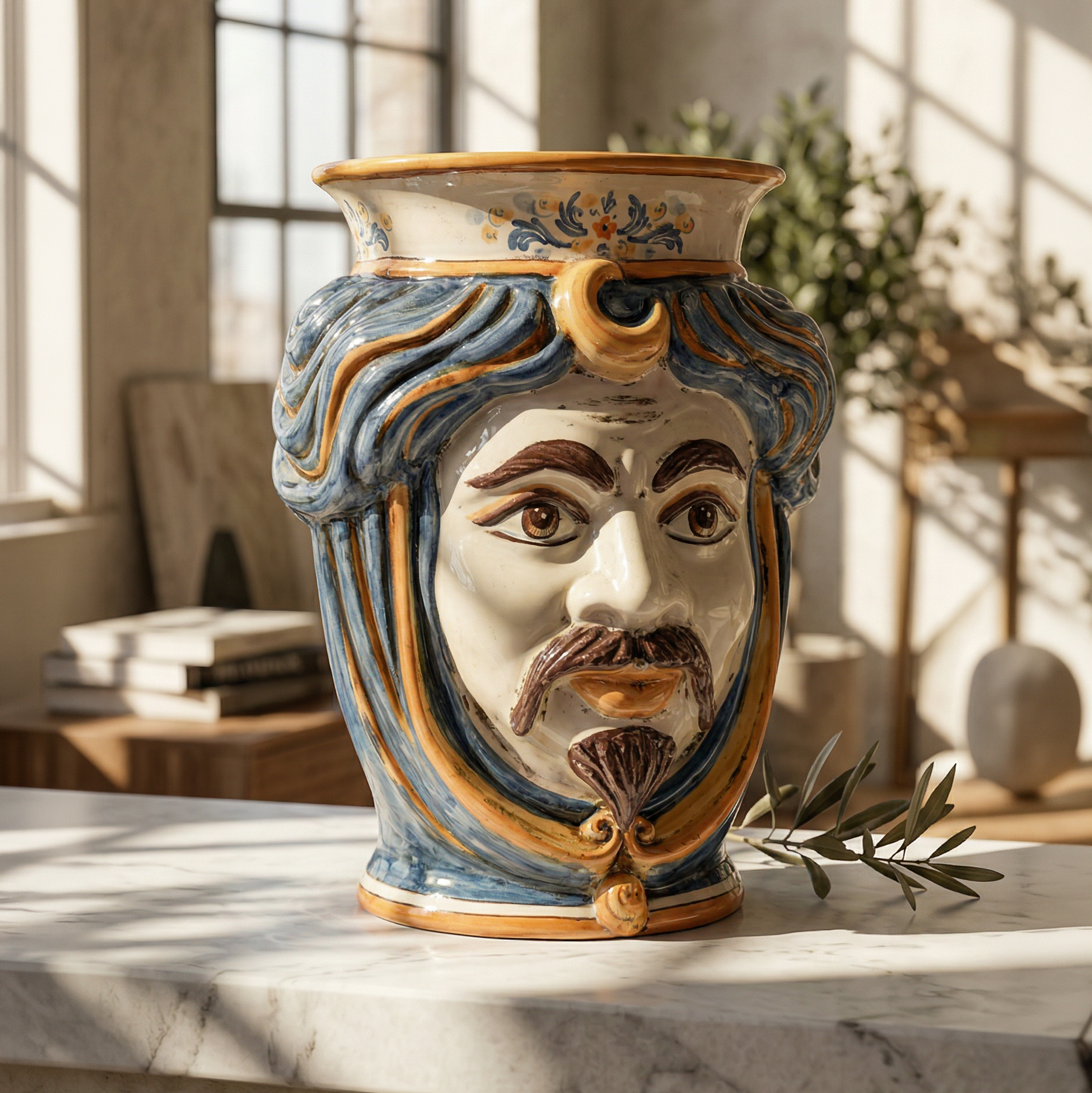 Sicilian Moor's Head H 33 cm / 13", White Man, Blue and Orange – Testa di Moro from Caltagirone, Sicily