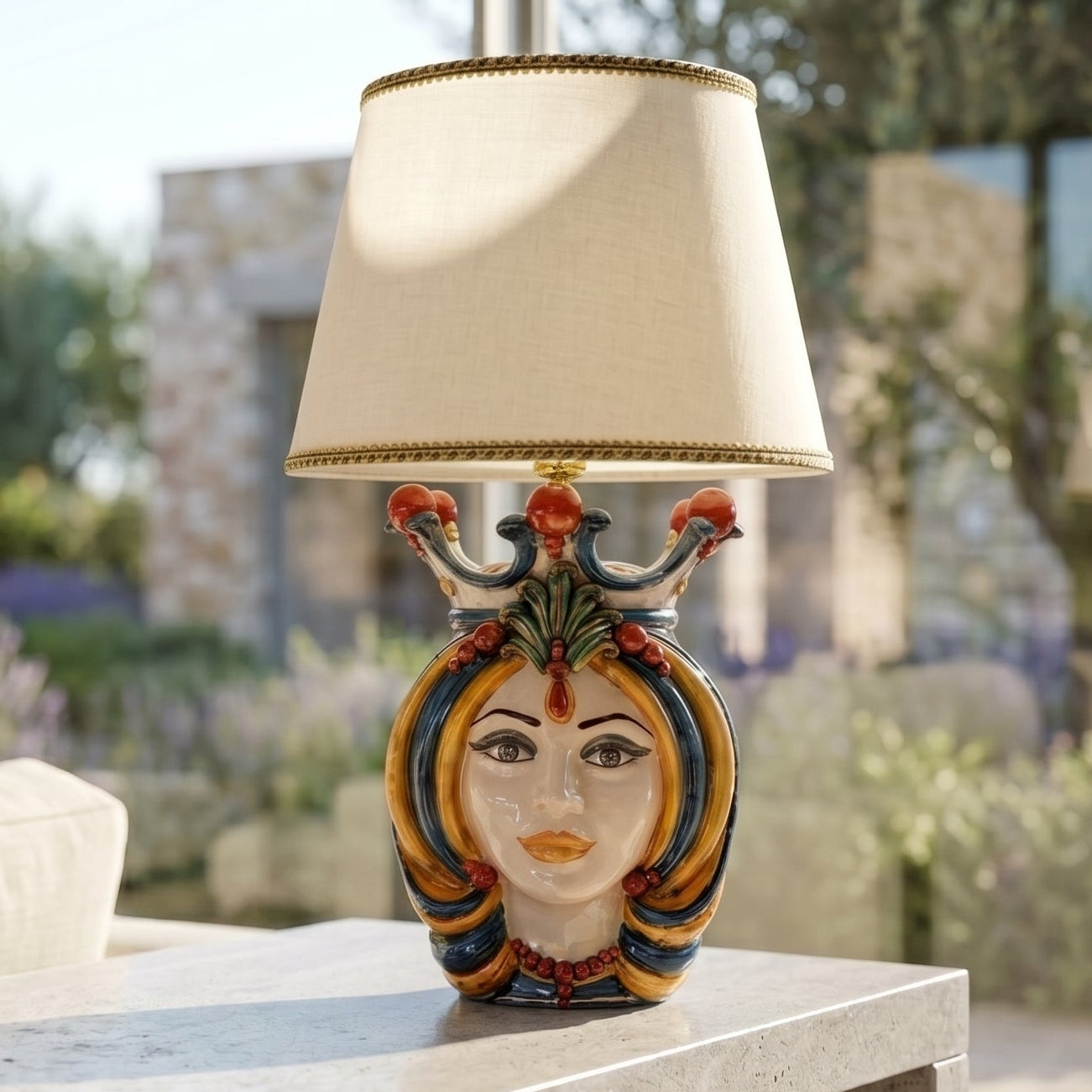 Italian Ceramic Lamp H 65 cm / 25.6", Woman, Blue and Orange – Italian ceramic from Caltagirone, Sicily