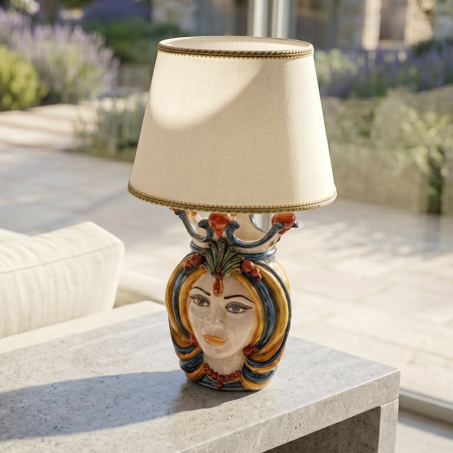 Italian Ceramic Lamp H 65 cm / 25.6", Woman, Blue and Orange – Italian ceramic from Caltagirone, Sicily
