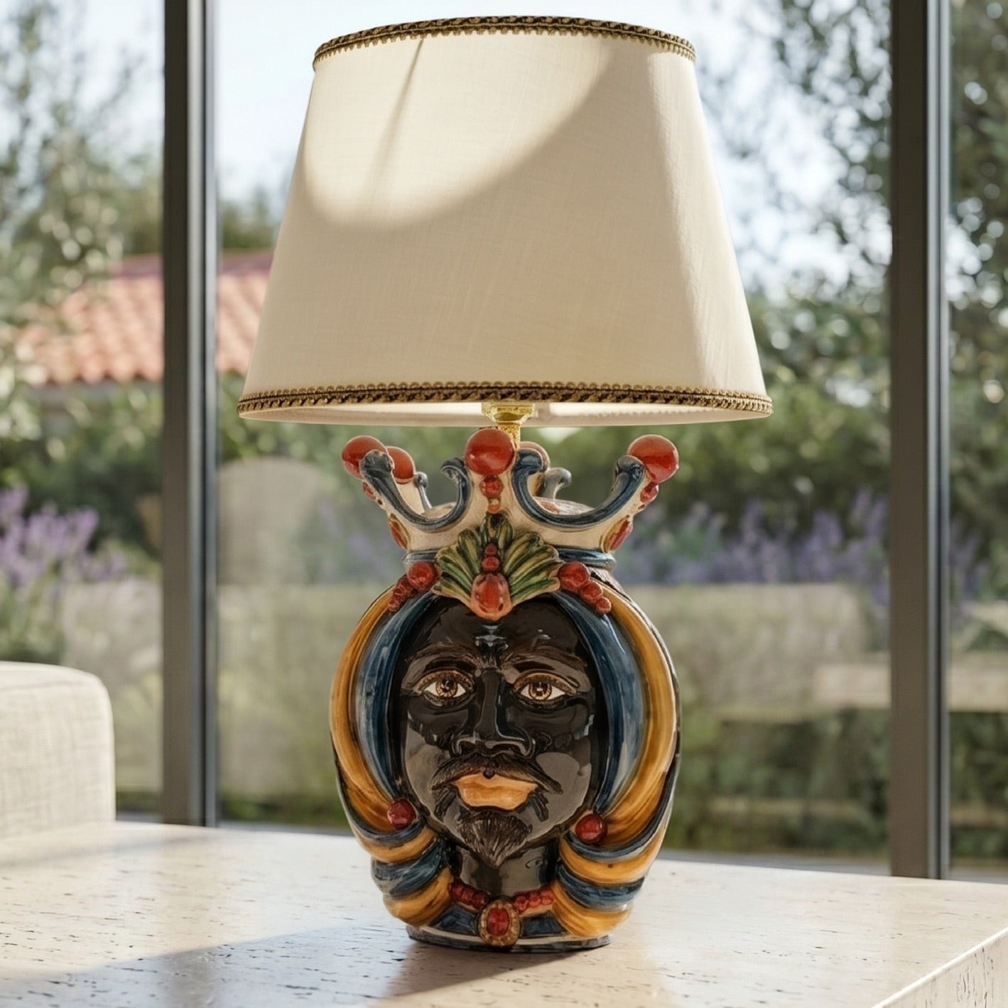 Italian Ceramic Lamp H 65 cm / 25.6", Moro Man, Blue and Orange – Sicilian ceramic lamp handcrafted in Caltagirone