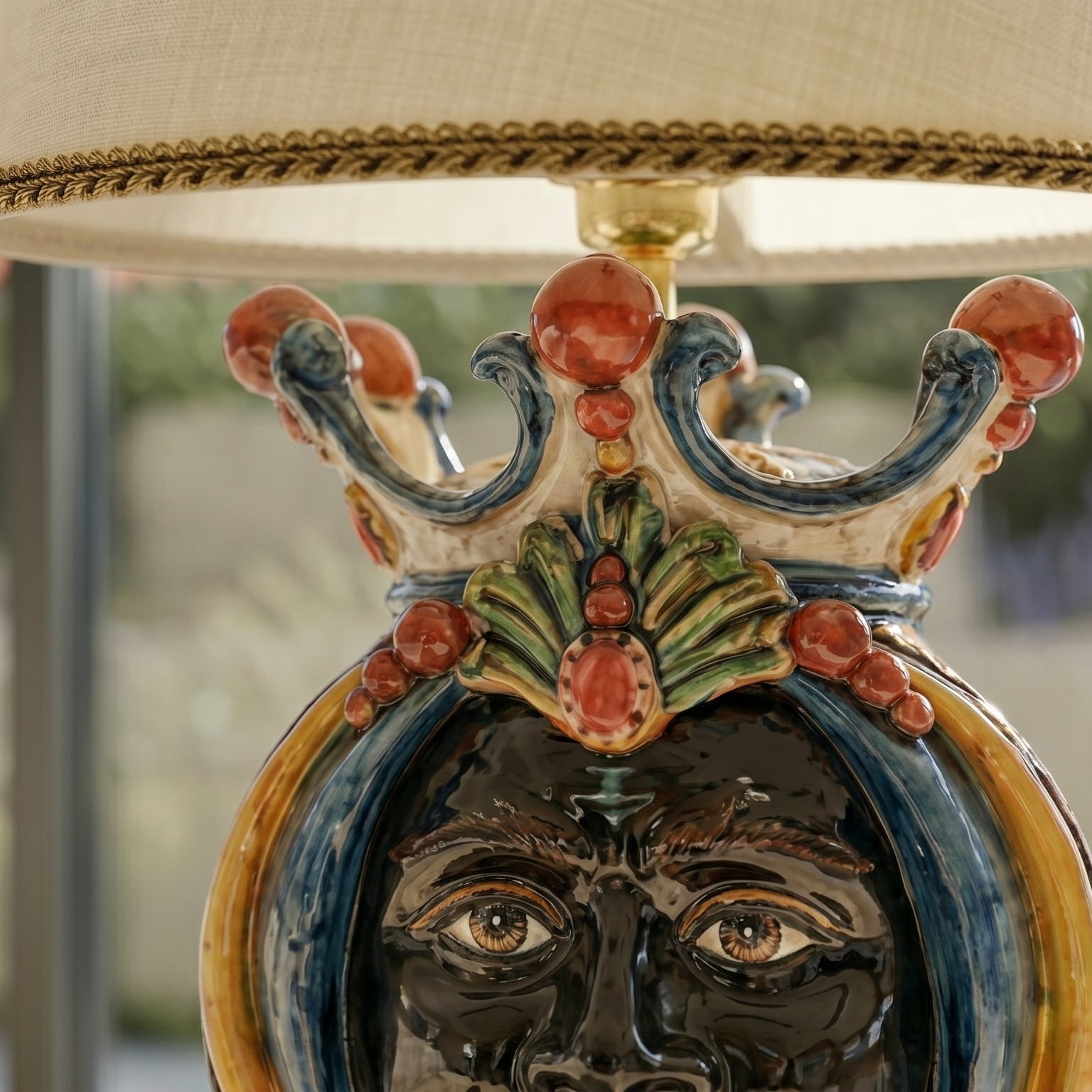 Italian Ceramic Lamp H 65 cm / 25.6", Moro Man, Blue and Orange – Sicilian ceramic lamp handcrafted in Caltagirone