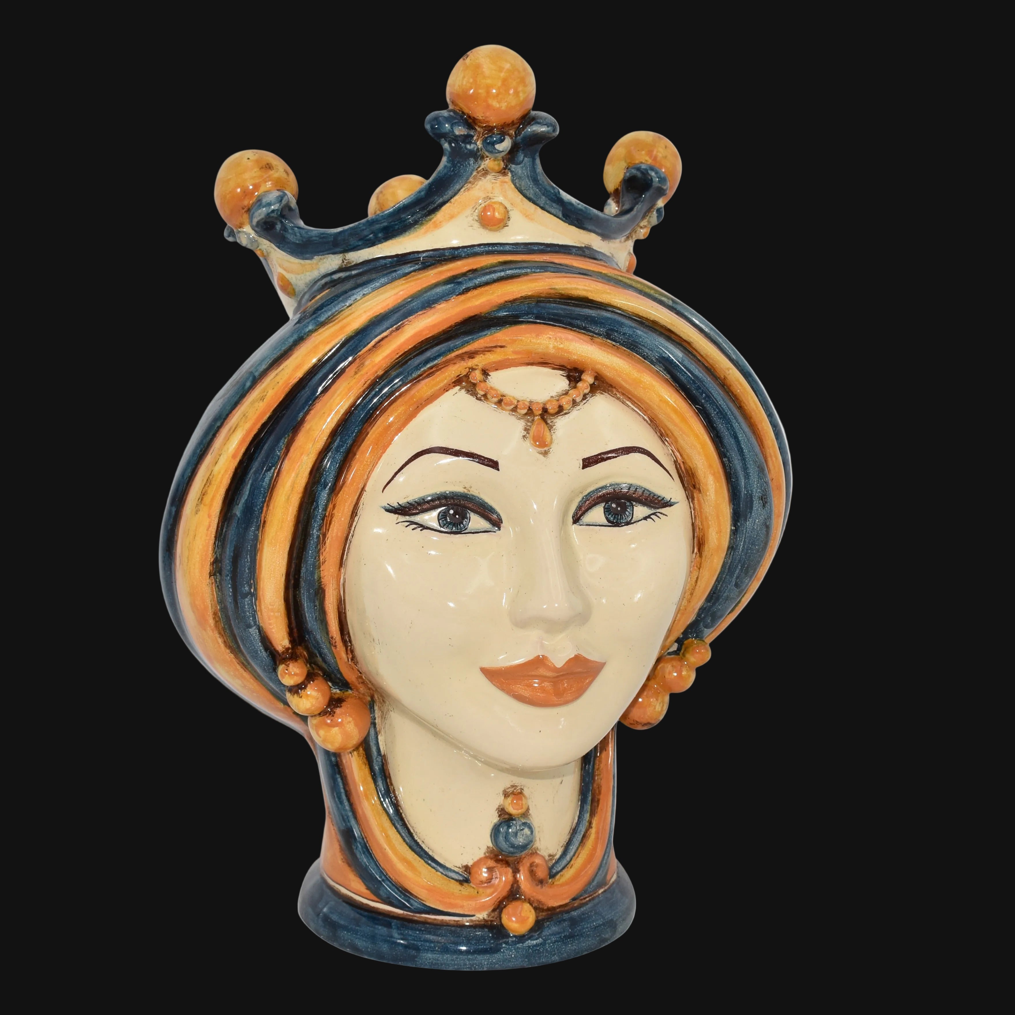 Moor's Head Vase H 30 cm / 11.8", Blue and Orange – Testa di Moro from Caltagirone, Sicily