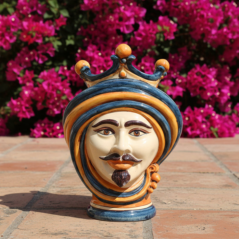 Testa di Moro in Ceramica di Caltagirone - Linea Blu e Arancio, H30 cm, Maschio