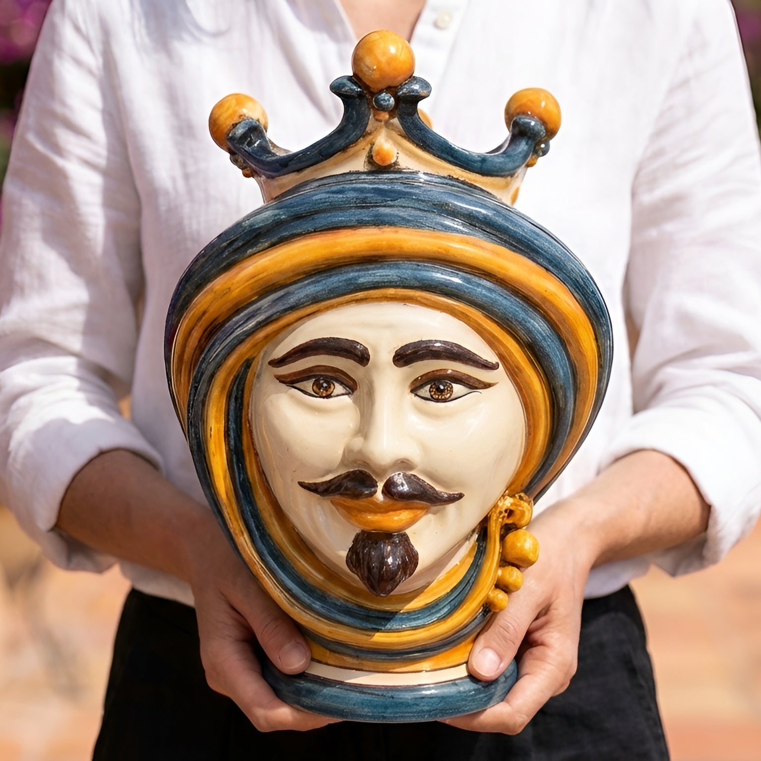 Testa di Moro in Ceramica di Caltagirone - Linea Blu e Arancio, H30 cm, Maschio