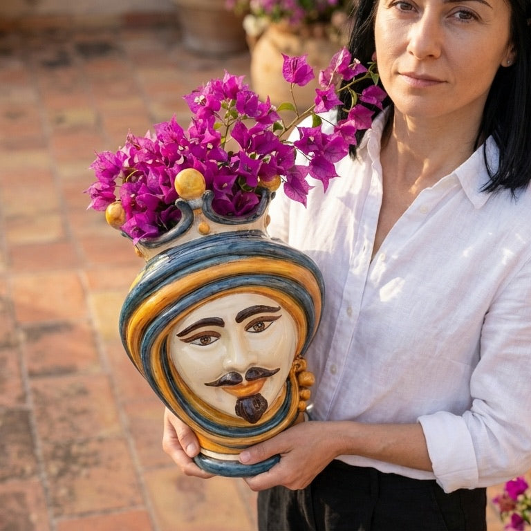 Testa di Moro in Ceramica di Caltagirone - Linea Blu e Arancio, H30 cm, Maschio