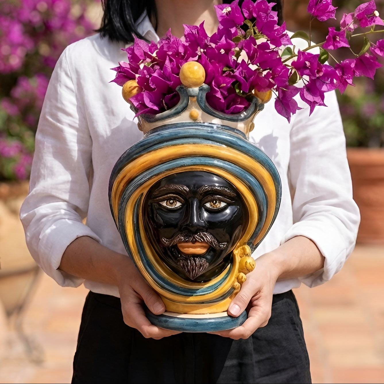 Testa di Moro in Ceramica di Caltagirone - Linea Blu e Arancio, H30 cm, Maschio Moro