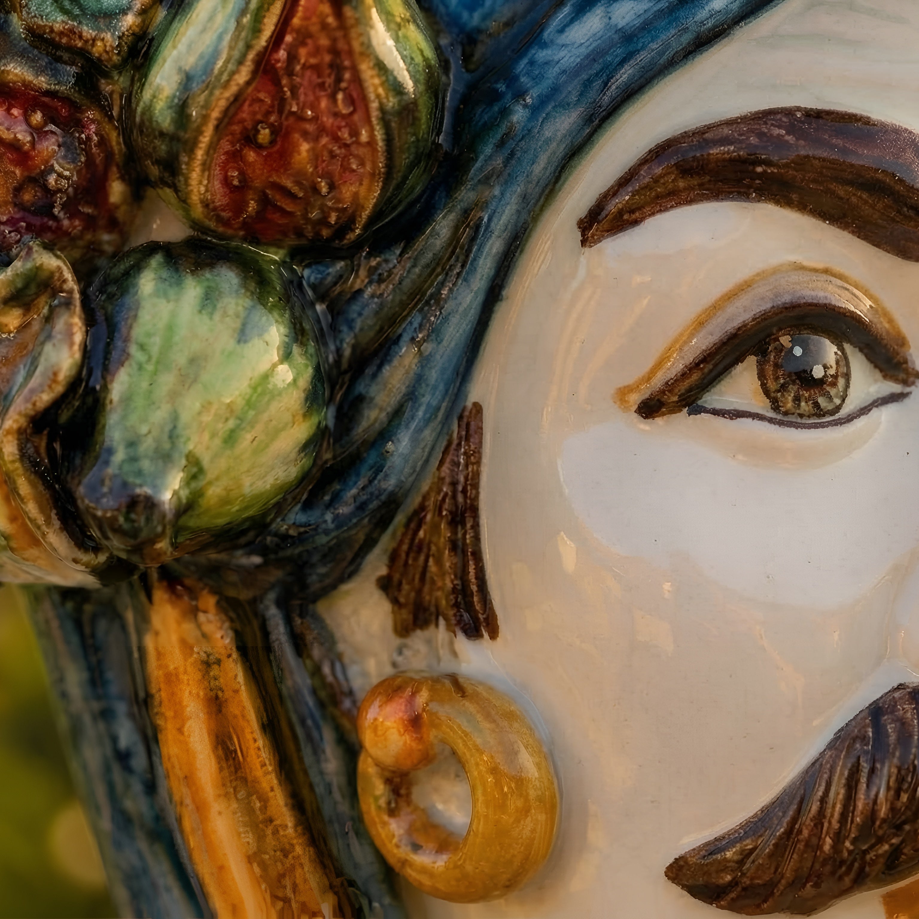 Sicilian Head Vase with Figs H 25 cm / 9.8", White Man, Blue and Orange – Testa di Moro from Caltagirone, Sicily