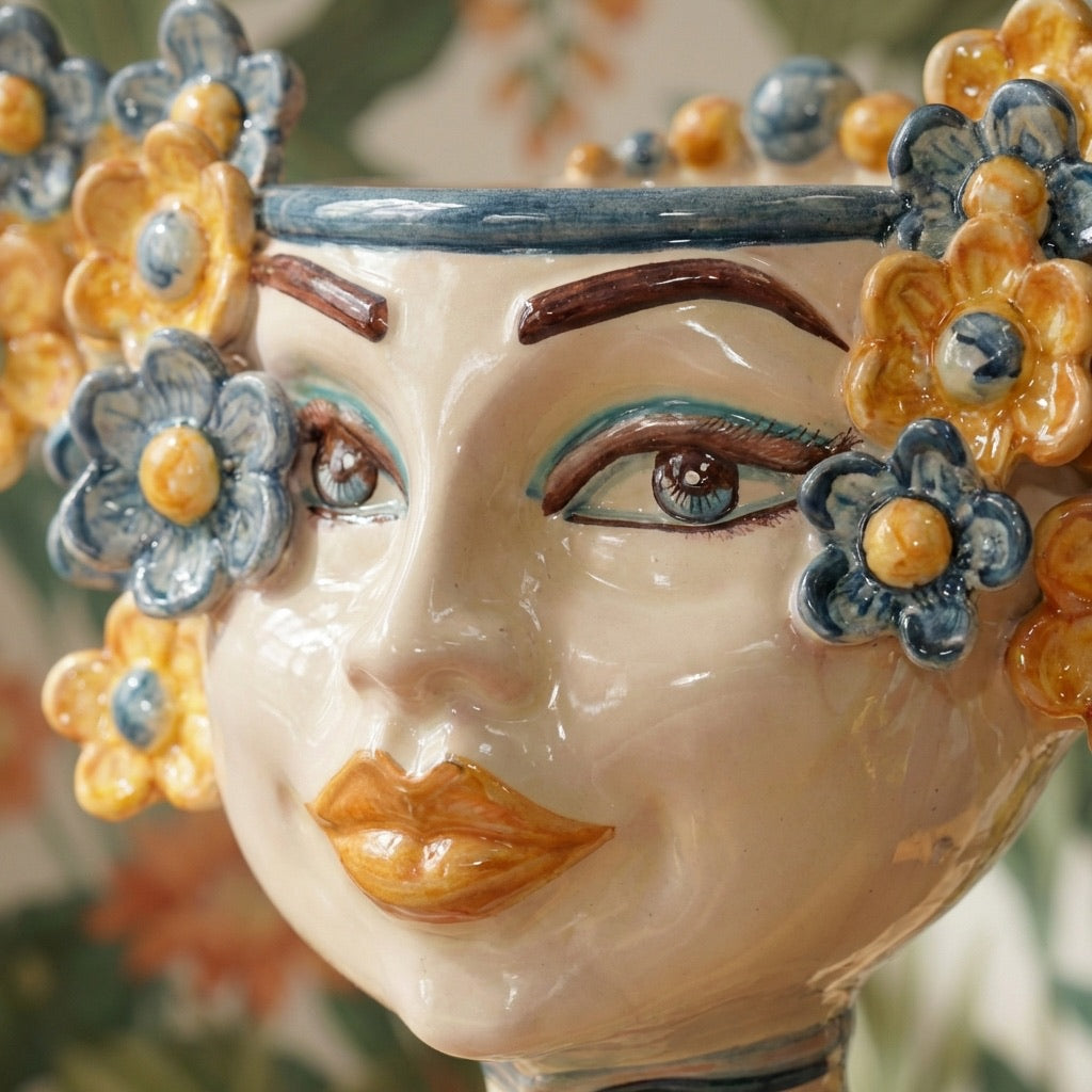 Moor's head h 20 cm Flowers line blue and orange decoration