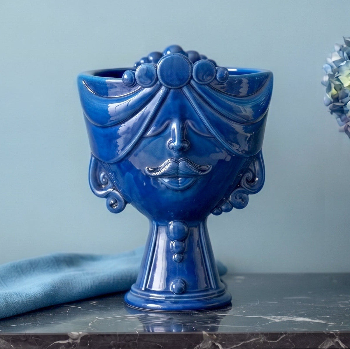 Zahira Sicilian Head Vase H 30 cm / 11.8", Woman, Deep Blue – Testa di Moro from Caltagirone, Sicily