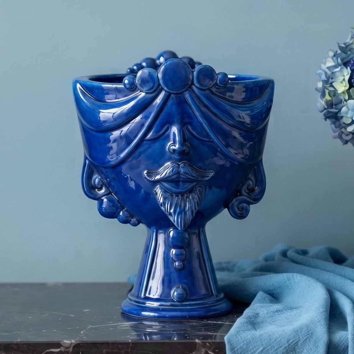 Zahira Moor's Head Vase H 30 cm / 11.8", Male, Deep Blue – Testa di Moro from Caltagirone, Sicily