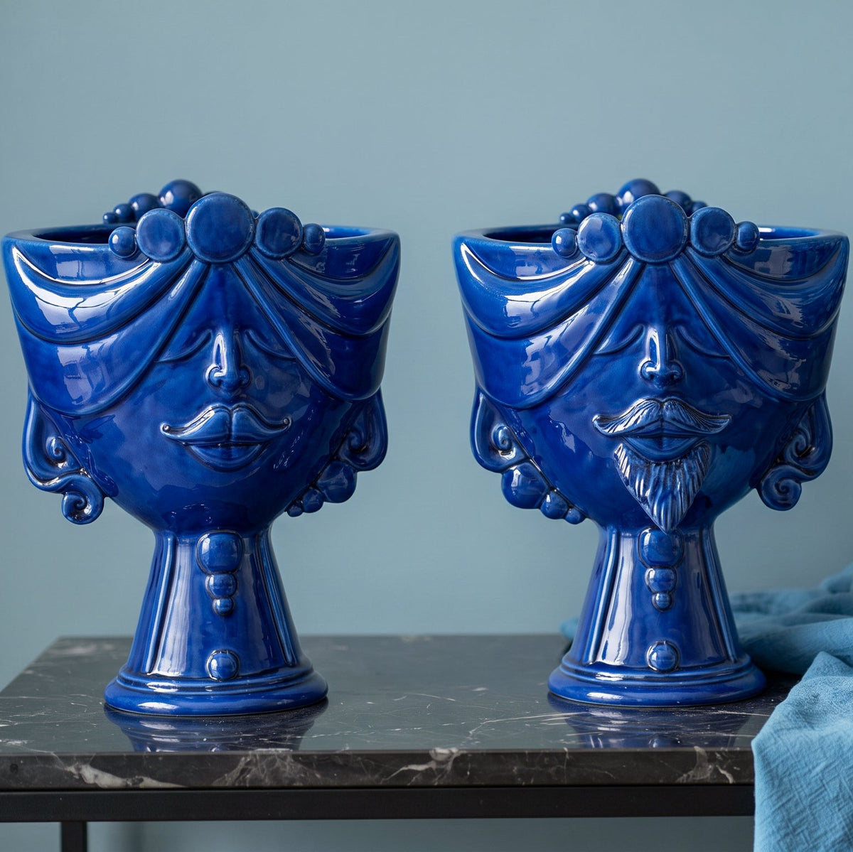 Zahira Sicilian Head Vase H 30 cm / 11.8", Woman, Deep Blue – Testa di Moro from Caltagirone, Sicily