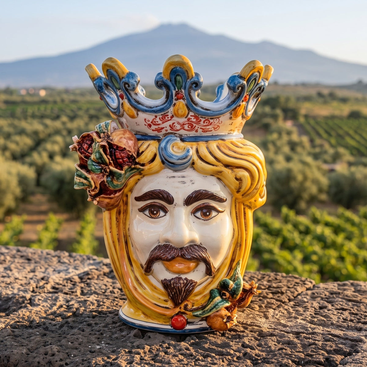 Moor's Head Vase with Pomegranates H 40 cm / 15.7", Male, Yellow and Orange – Testa di Moro from Caltagirone, Sicily