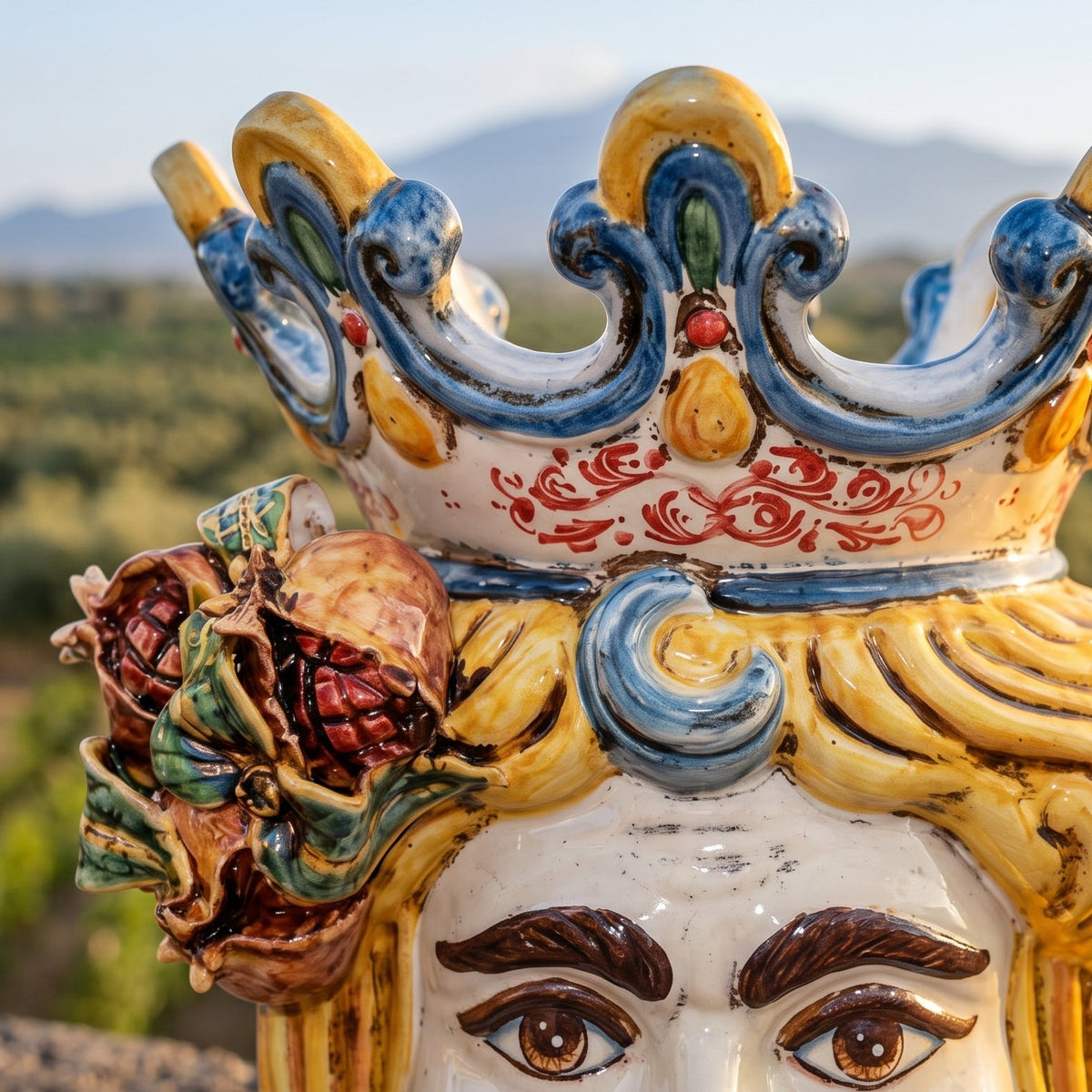 Moor's Head Vase with Pomegranates H 40 cm / 15.7", Male, Yellow and Orange – Testa di Moro from Caltagirone, Sicily