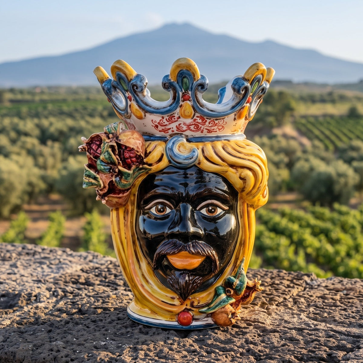Sicilian Moor's Head with Pomegranates H 40 cm / 15.7", Male, Yellow and Orange – Testa di Moro from Caltagirone, Sicily
