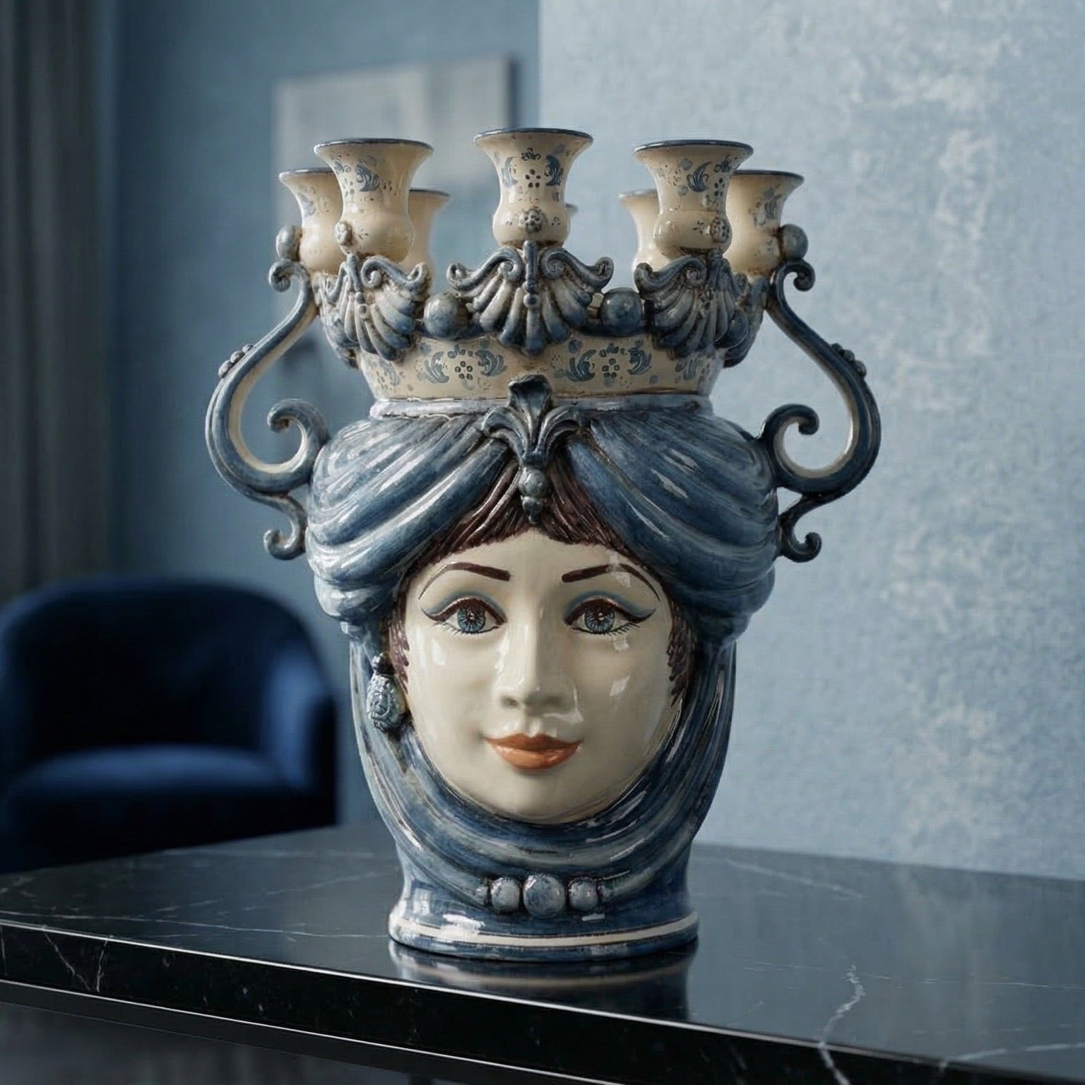 Sicilian Moor's Head Candle Holder H 40 cm / 15.7", Woman, Mono Blue – Testa di Moro from Caltagirone, Sicily
