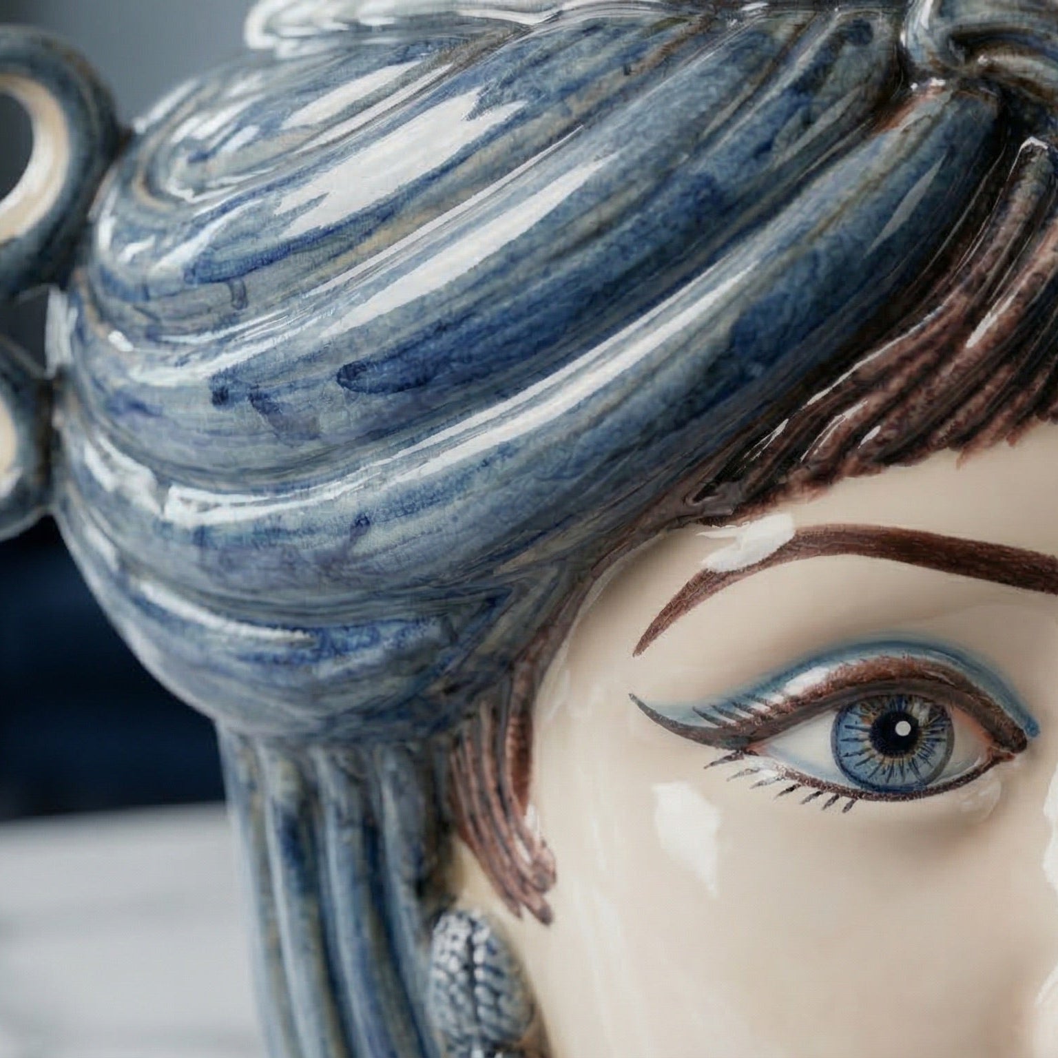 Sicilian Moor's Head Candle Holder H 40 cm / 15.7", Woman, Mono Blue – Testa di Moro from Caltagirone, Sicily