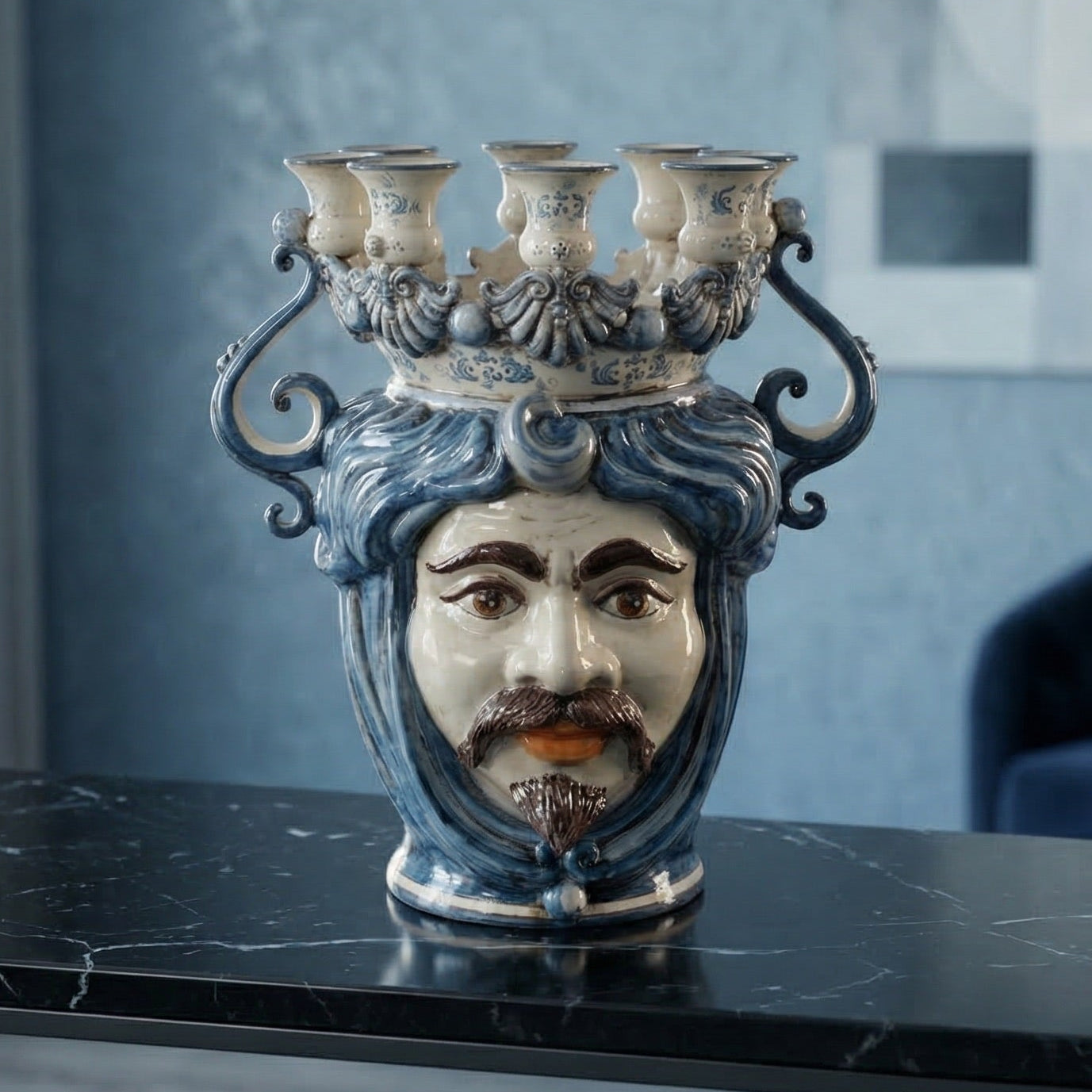 Moor's Head Vase Candle Holder H 40 cm / 15.7", White Man, Mono Blue – Testa di Moro from Caltagirone, Sicily