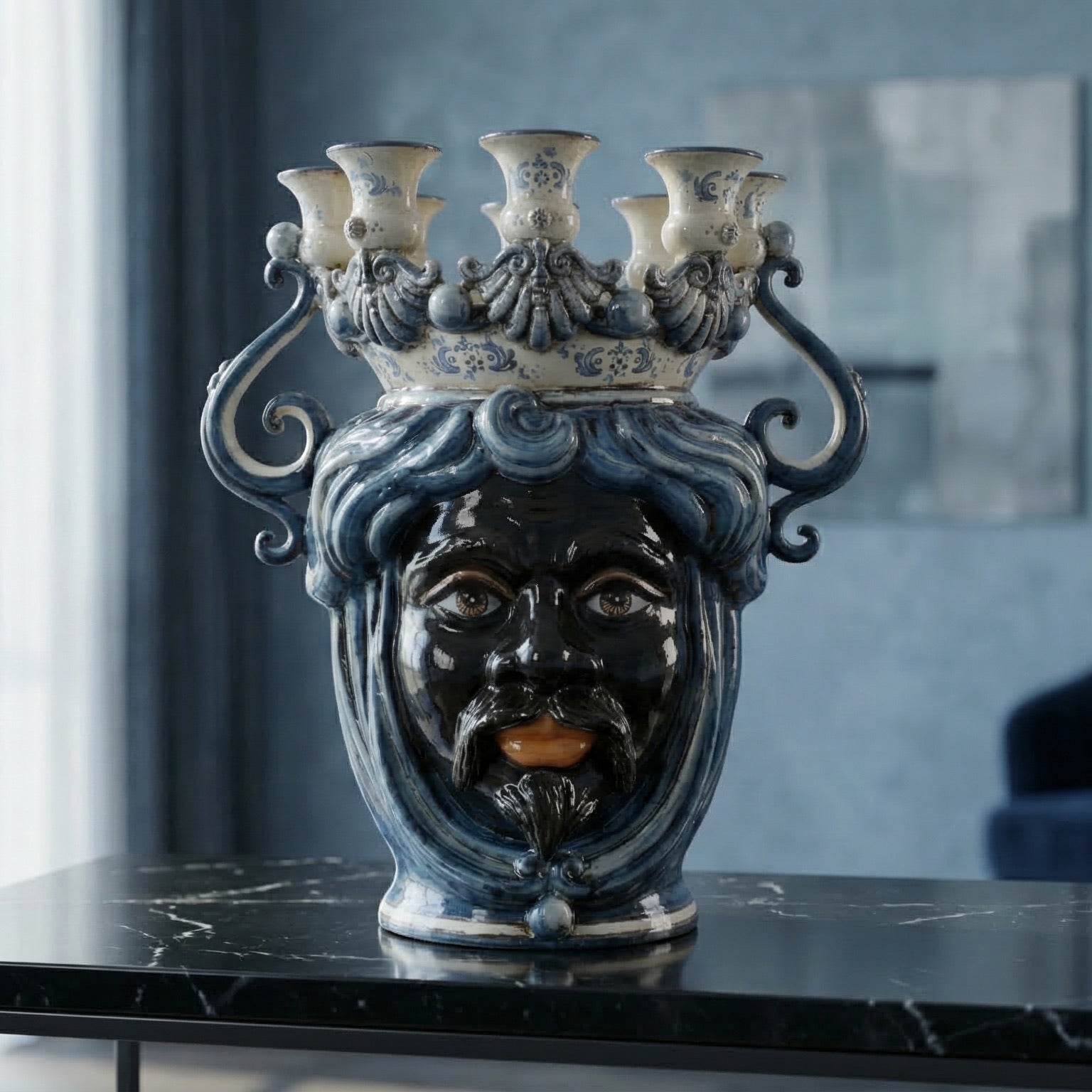 Moor's Head Vase Candle Holder H 40 cm / 15.7", Moro Man, Mono Blue – Testa di Moro from Caltagirone, Sicily