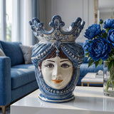 Testa di Moro con Perline, Donna, Mono Blu. Ceramica siciliana di Caltagirone, Sofia