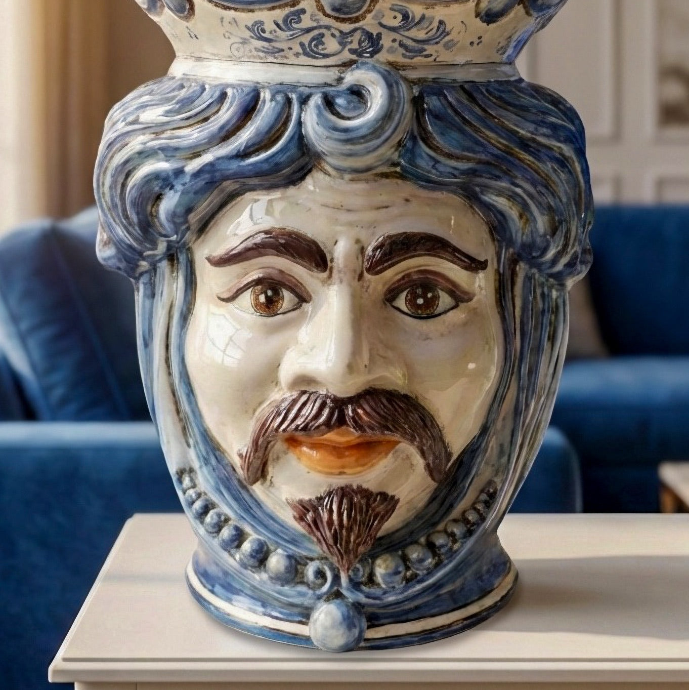 Testa di Moro Vase with Beads H 40 cm / 15.7", White Man, Mono Blue – Testa di Moro from Caltagirone, Sicily