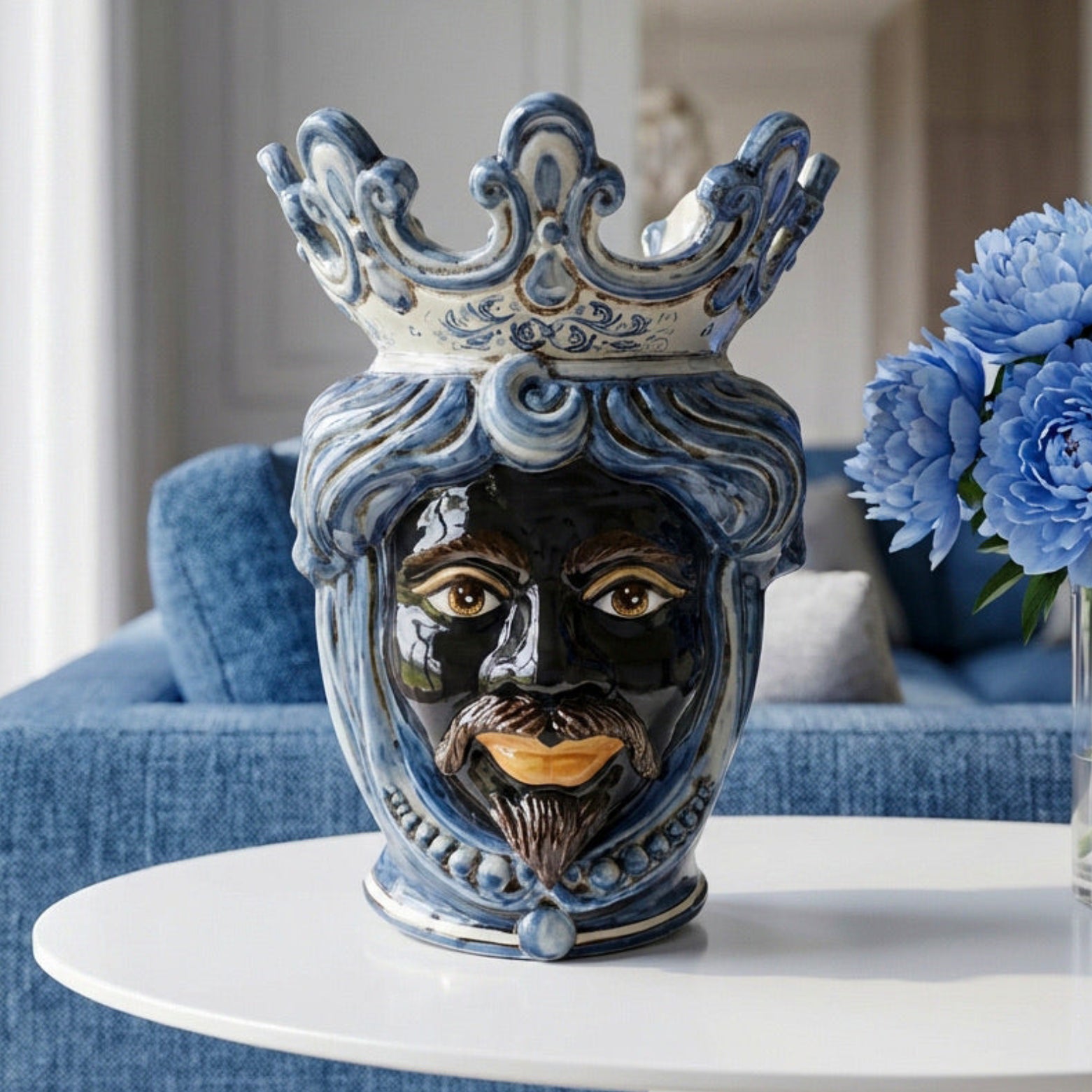 Sicilian Head Vase with Beads H 40 cm / 15.7", Moro Man, Mono Blue – Testa di Moro from Caltagirone, Sicily