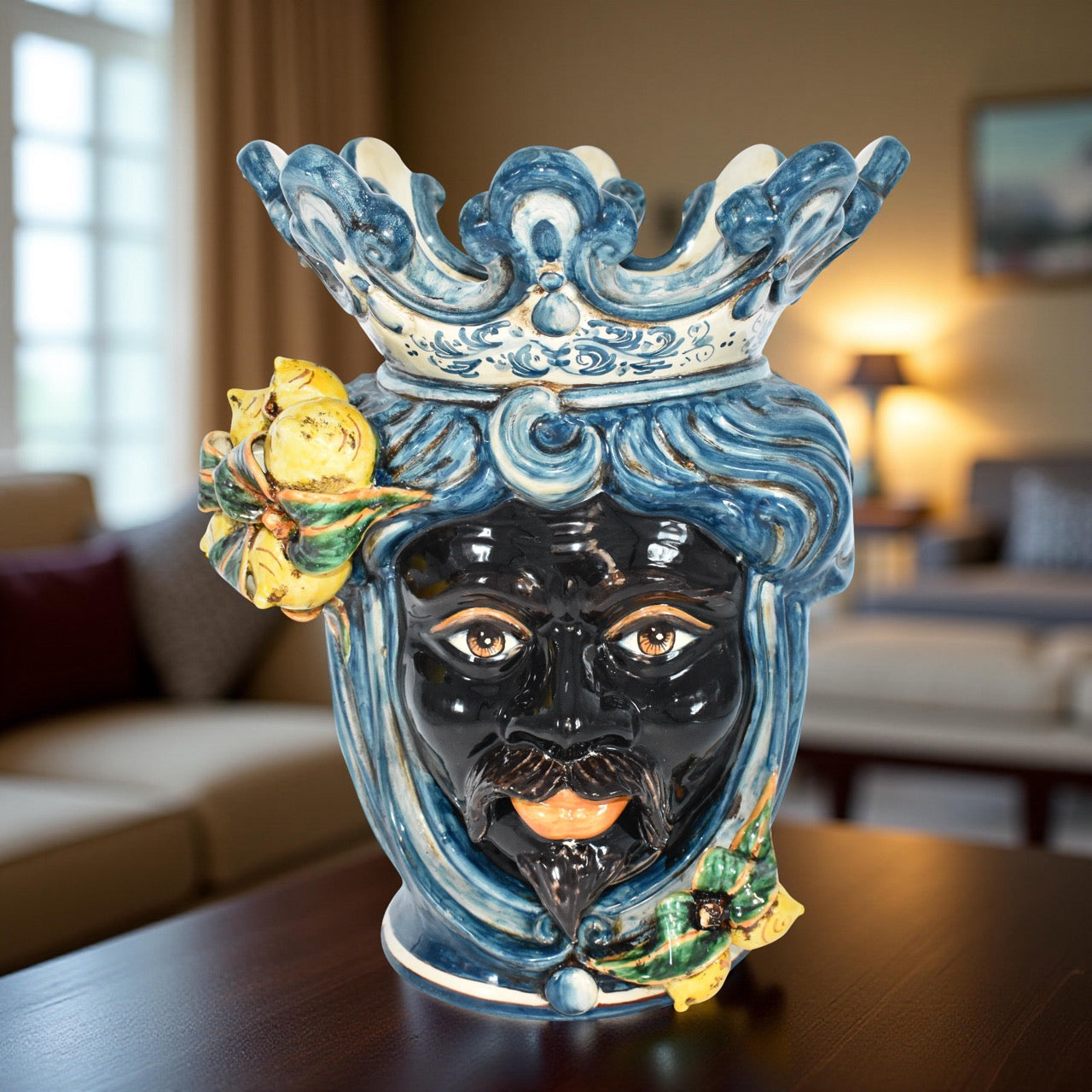 Sicilian ceramic "Moor's head" with sicilian lemons from Caltagirone