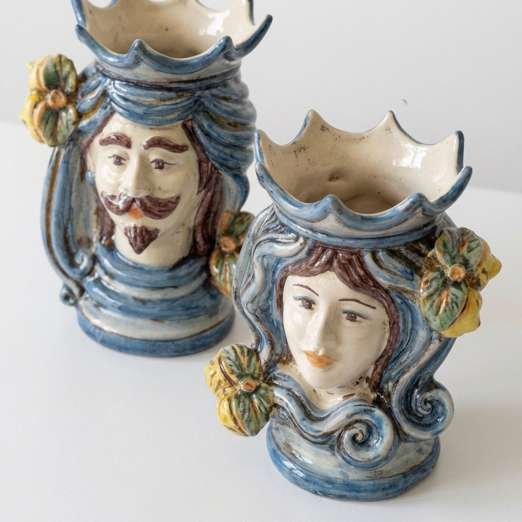 Pair of moor's heads h 15 cm in caltagirone ceramic
