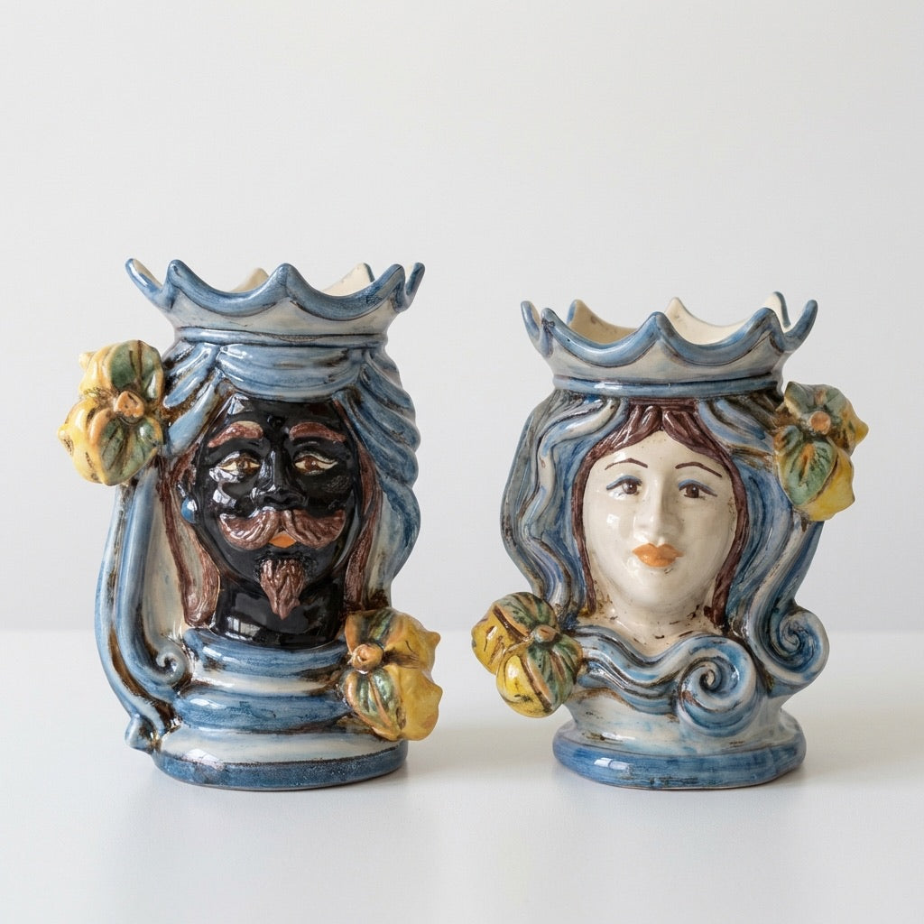 Pair of moor's heads h 15 cm in caltagirone ceramic