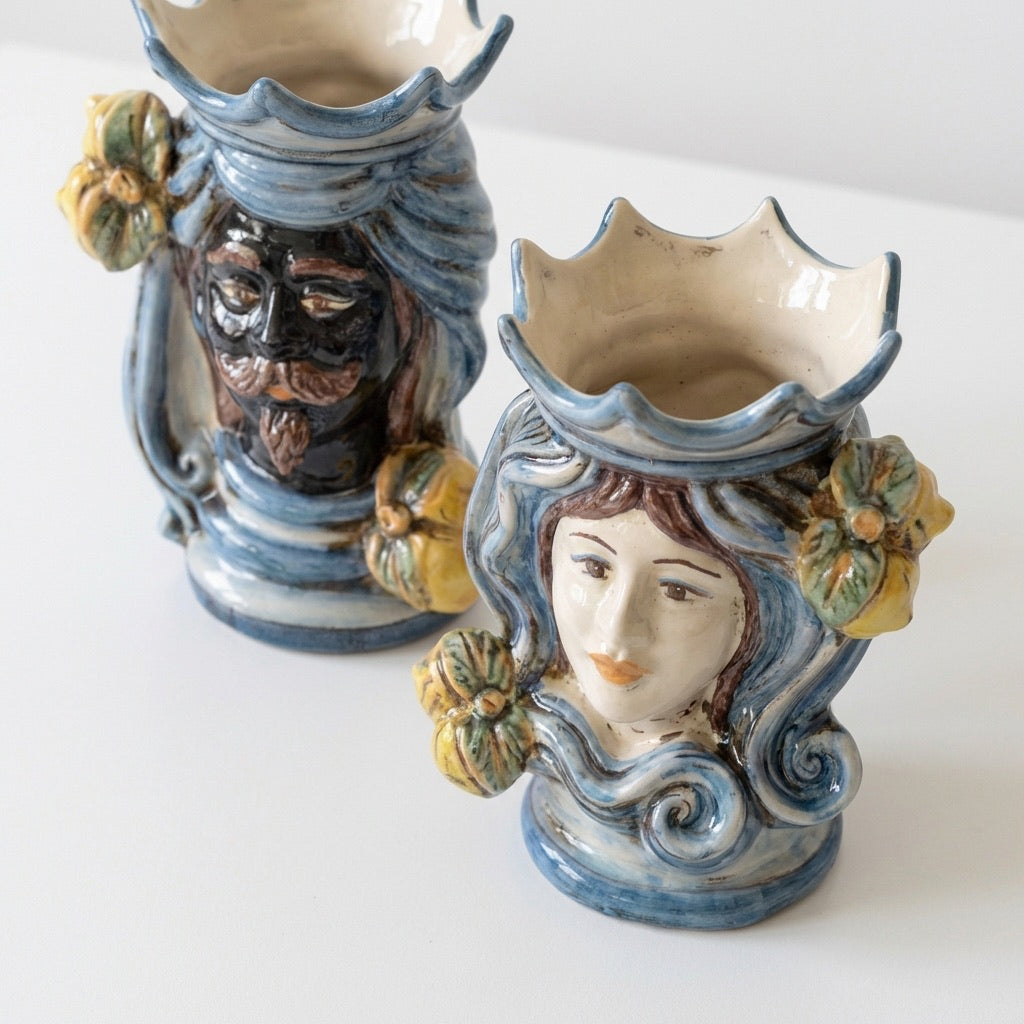 Pair of moor's heads h 15 cm in caltagirone ceramic