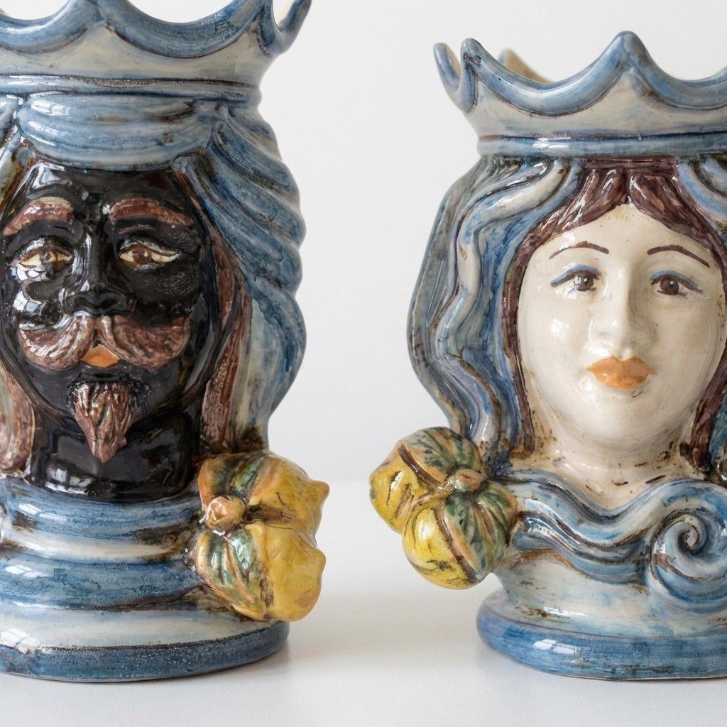 Pair of moor's heads h 15 cm in caltagirone ceramic